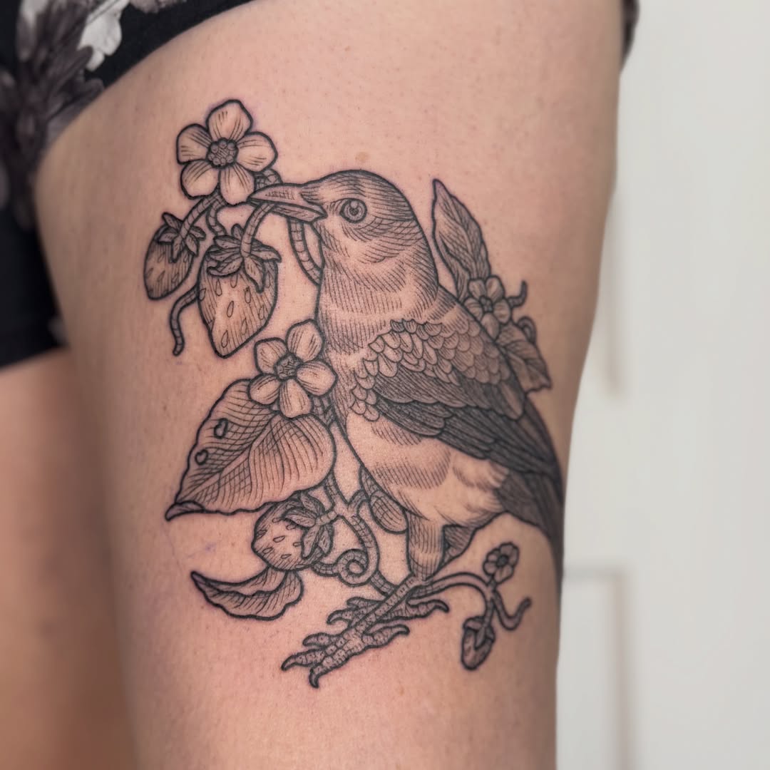 Bird and flowers black and grey tattoo on the thigh by Taylor 🍂☕️