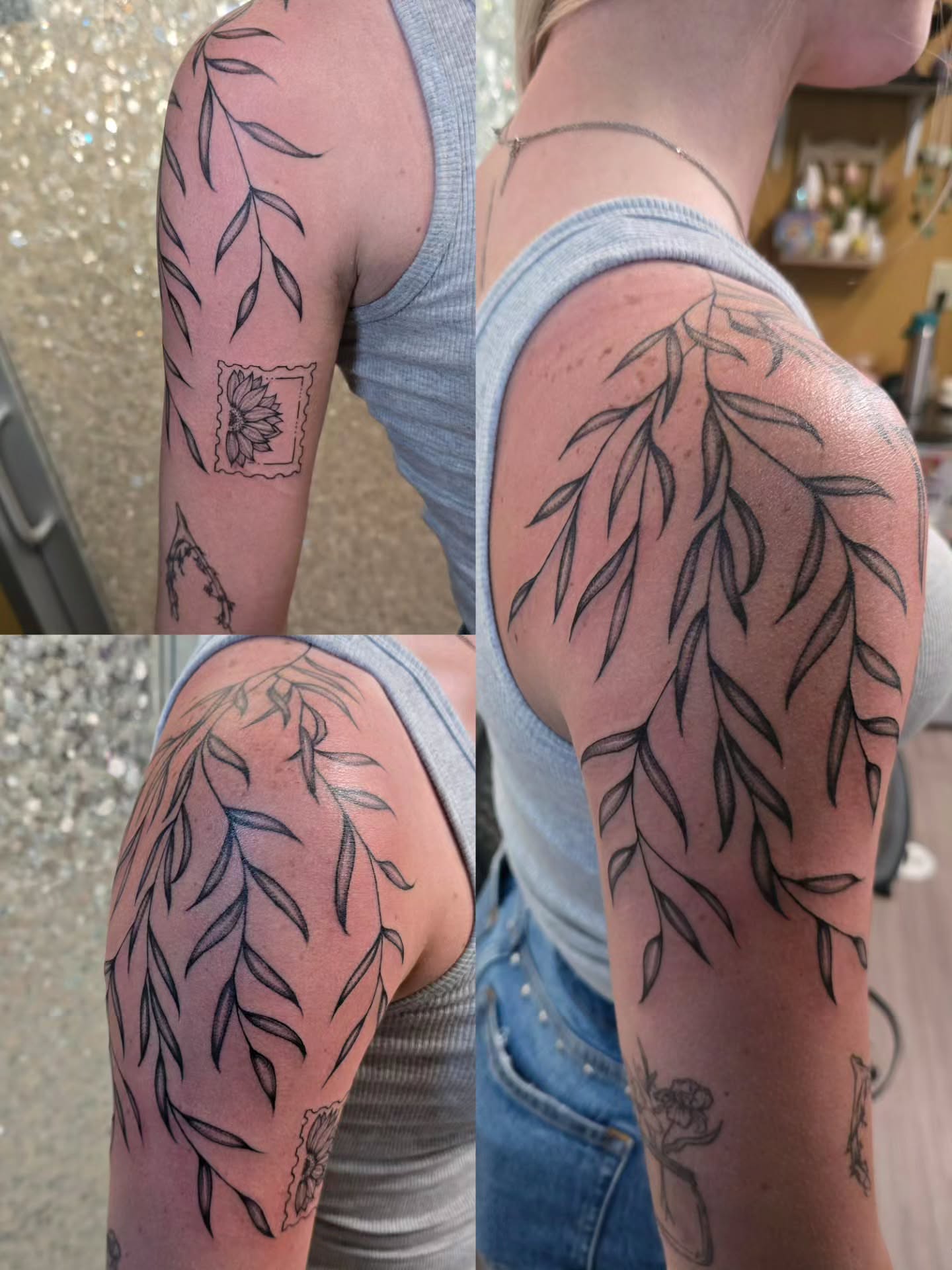Weeping willow branches black and grey tattoo on the upper arm by Hope 🌙, Cincinnati