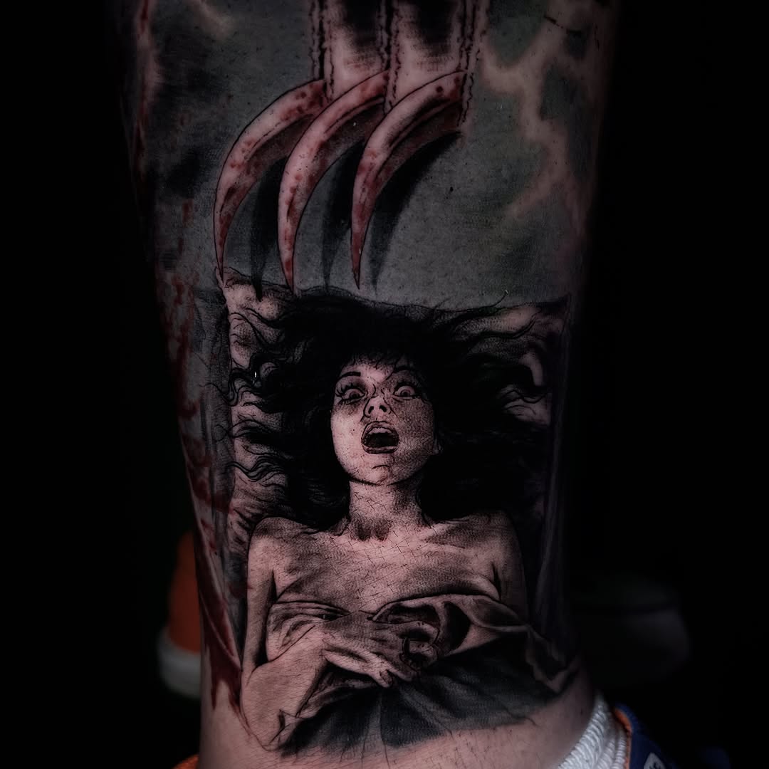 Tattoo by @ghostbutchertattoos — dark_realism, black_and_grey