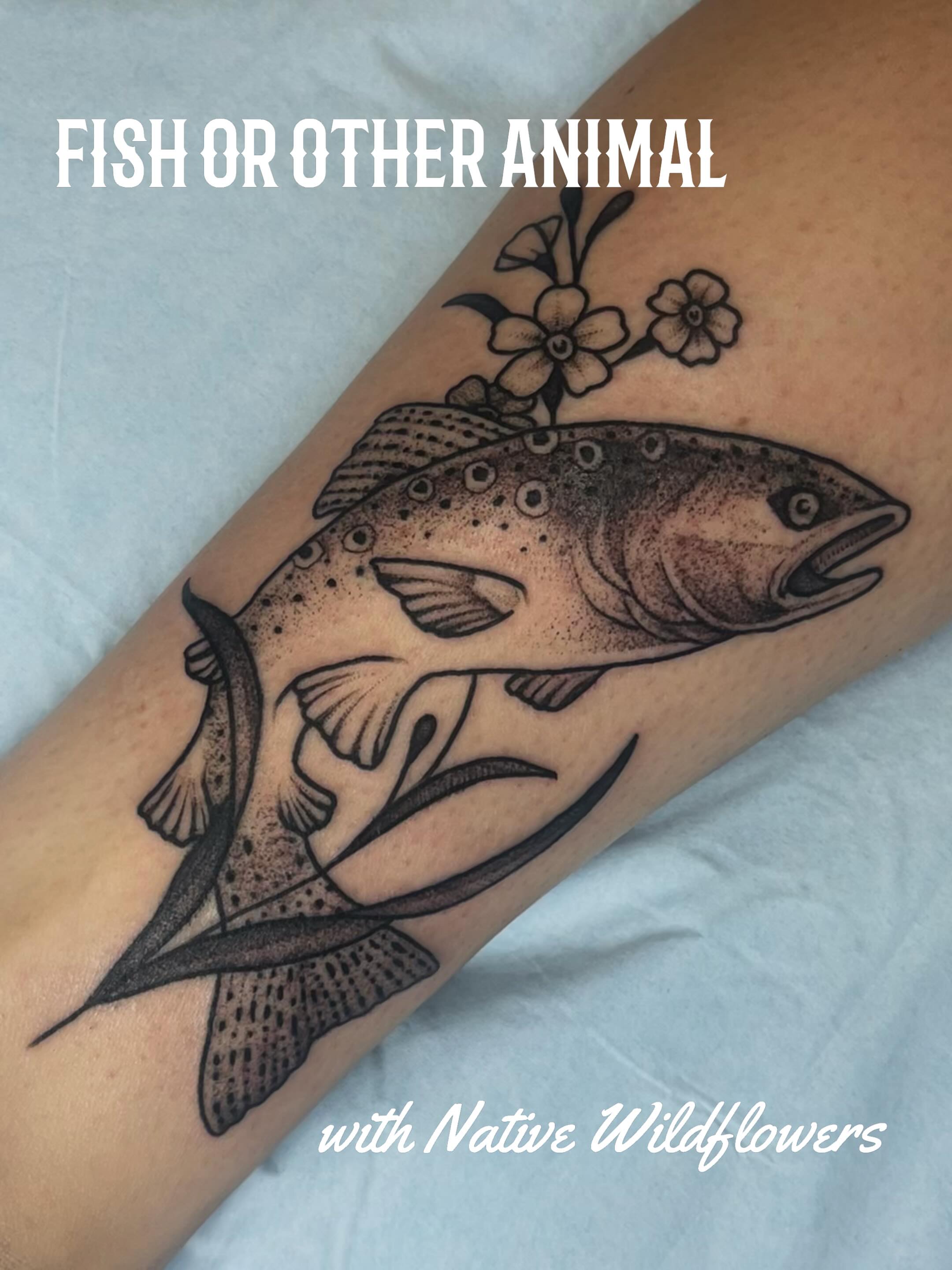 Salmon dotwork tattoo on the forearm by Emily