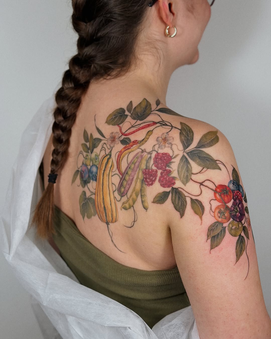 Vegetables and berries neo-traditional tattoo on the back by Sterling Paris