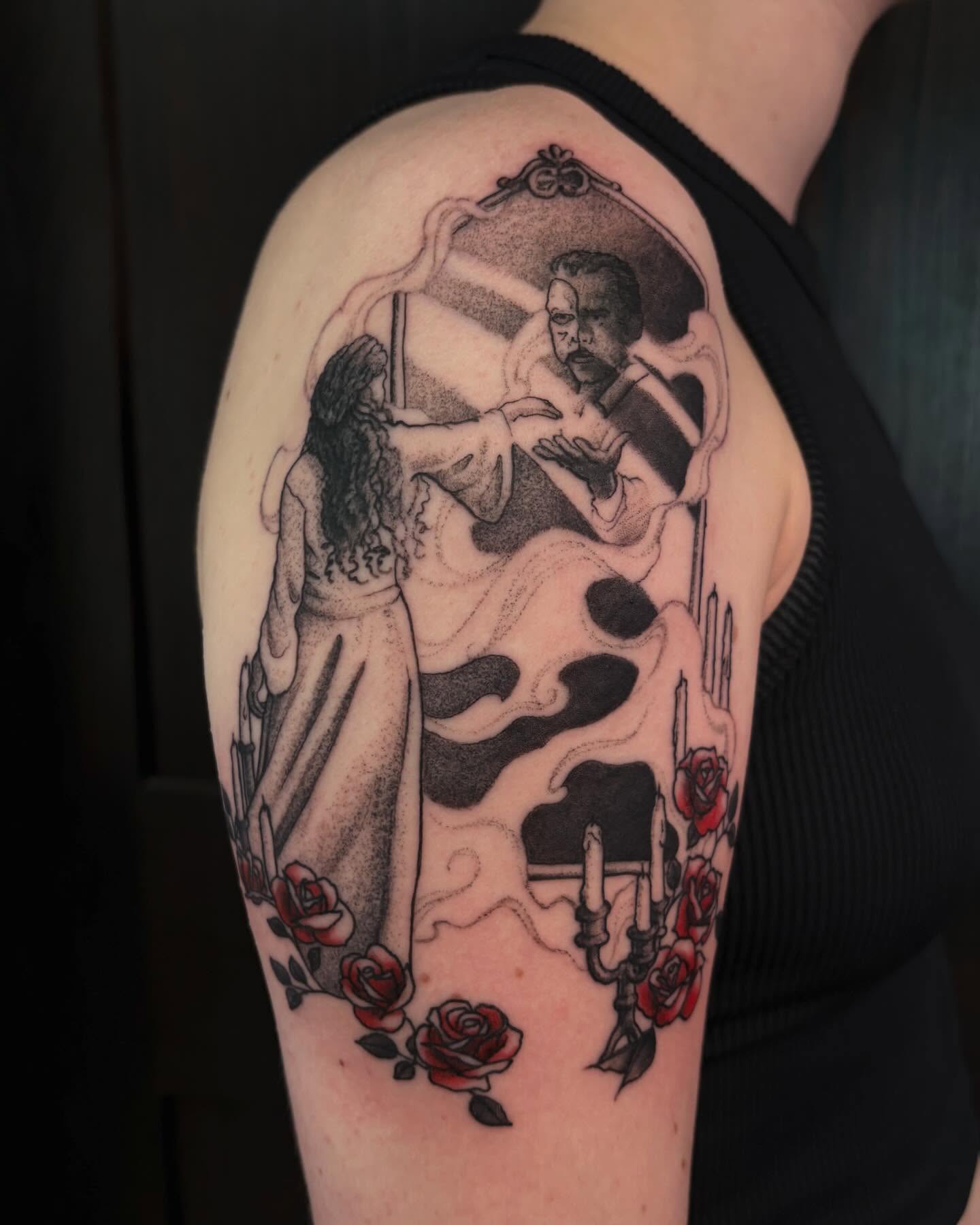 Ghostly couple dark realism tattoo on the upper arm by kane