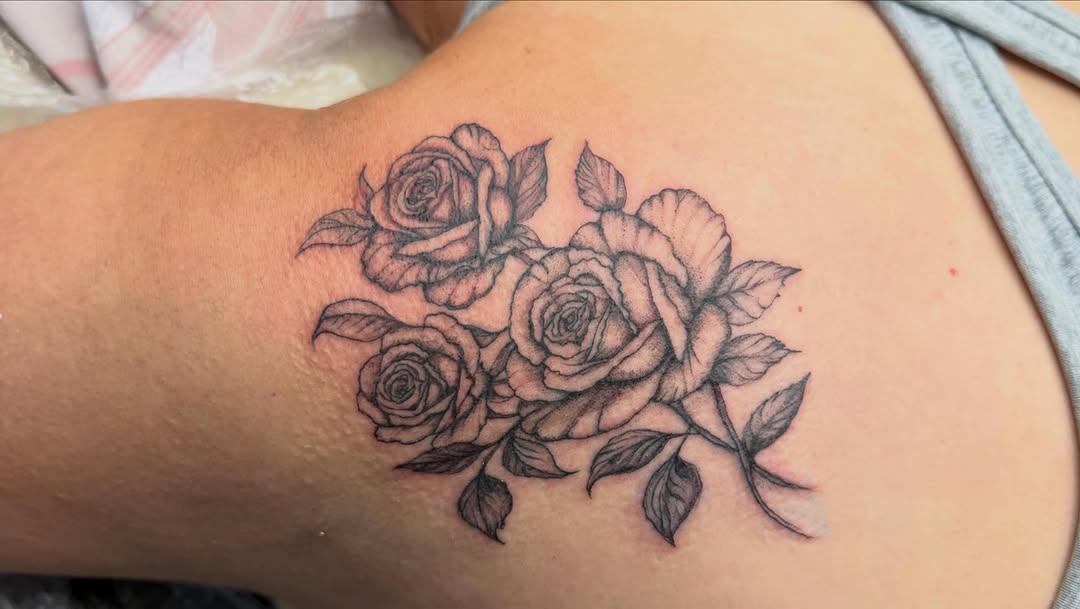 Roses dotwork tattoo on the shoulder by Van Cleave Aesthetics, Franklin, Tennessee