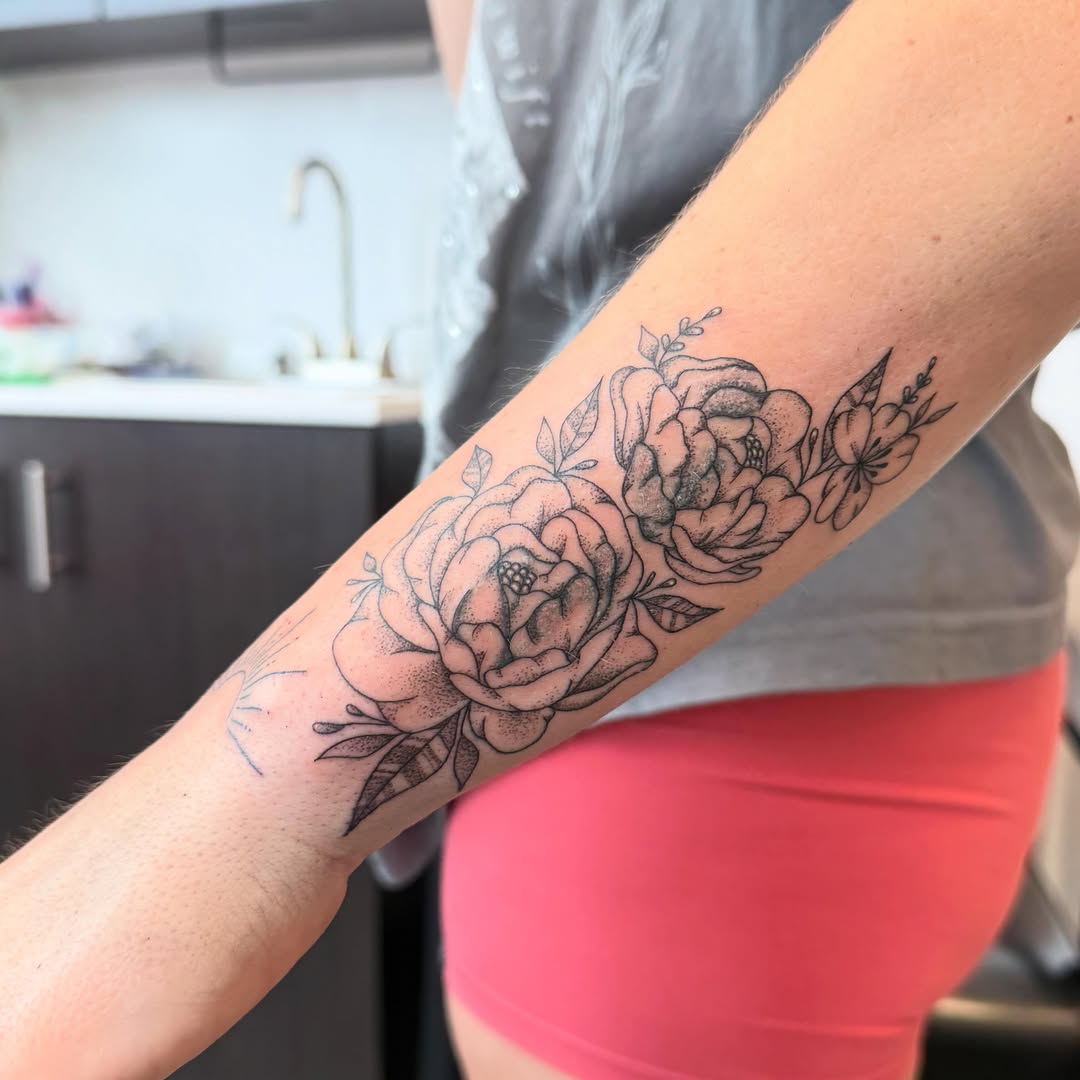 Floral bouquet dotwork tattoo on the forearm by ✨olivia