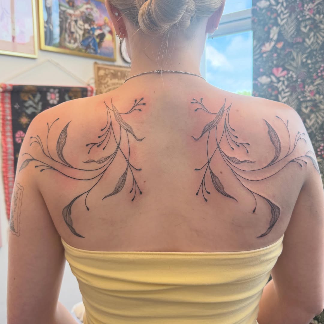 Floral design black and grey tattoo on the back by ✨olivia