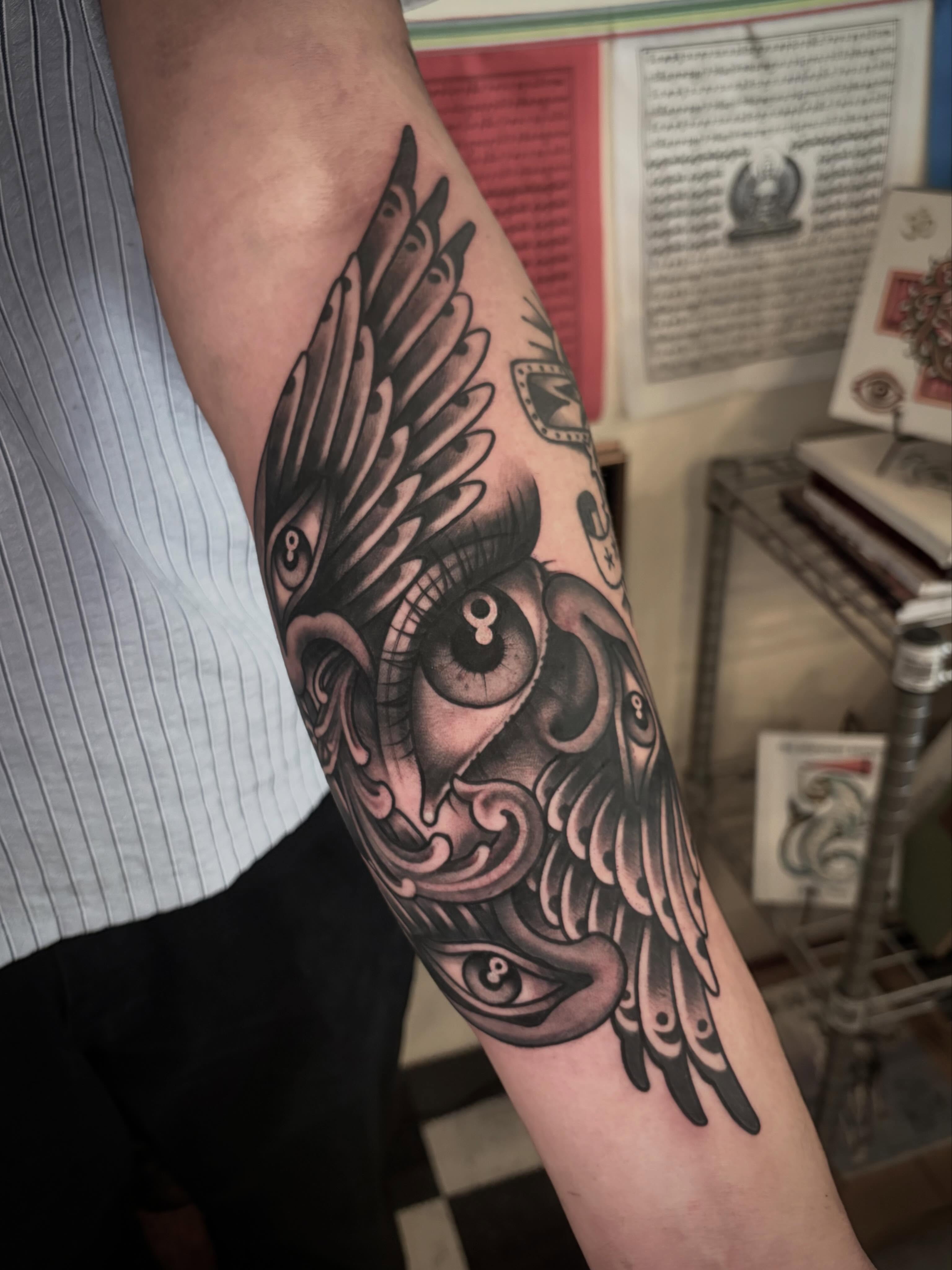 Owl black and grey tattoo on the forearm by ๐ป๐๐๐ ๐ณ๐๐๐๐๐๐ ๐๐๐