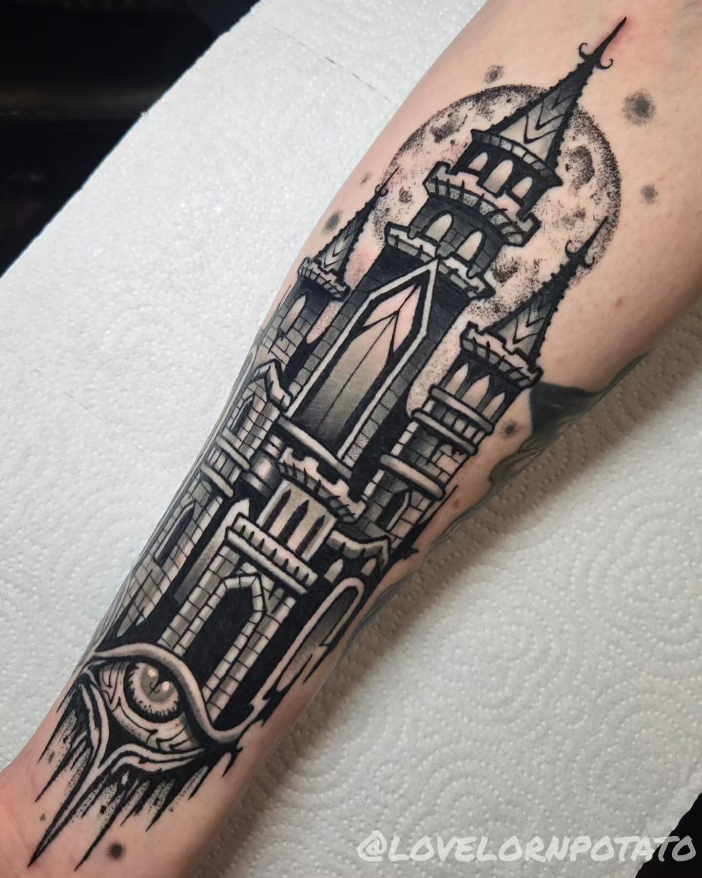 Tattoo by @lovelornpotato — black_and_grey