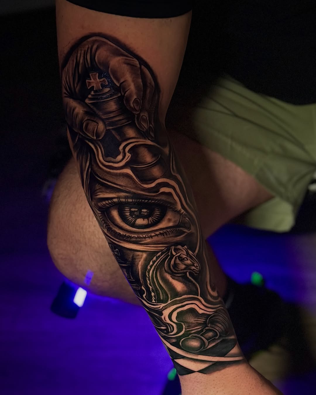 Chess pieces and eye surrealism tattoo on the forearm by Nj Tattoo Artist Inkdyou, Bloomfield, New Jersey