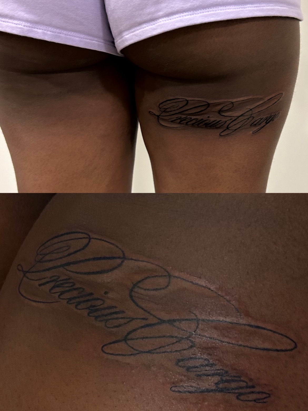 Script lettering lettering script tattoo on the thigh by Miss Moezartt the Multidisciplinary