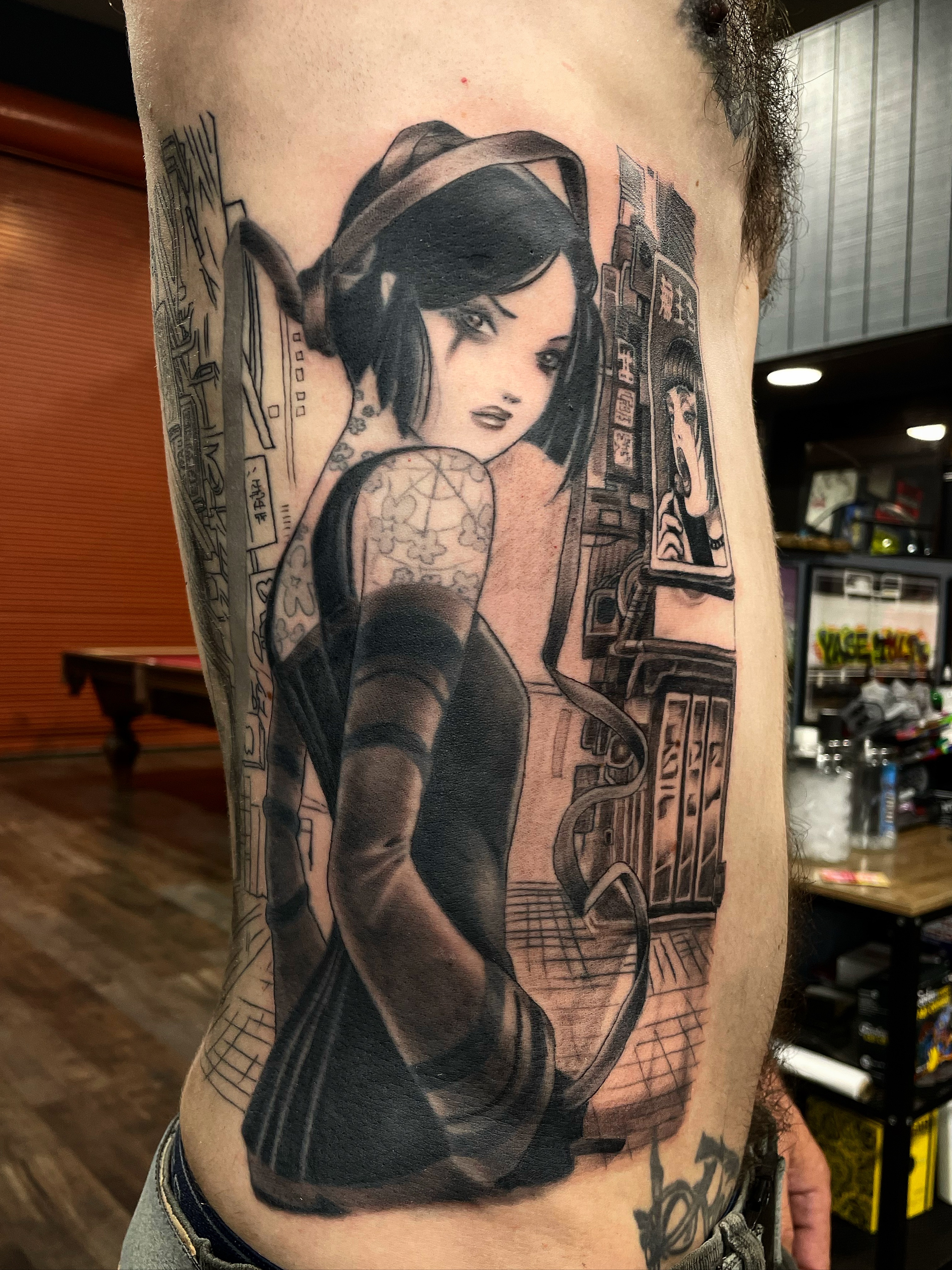 Anime girl anime tattoo on the thigh by Alex Ortiz