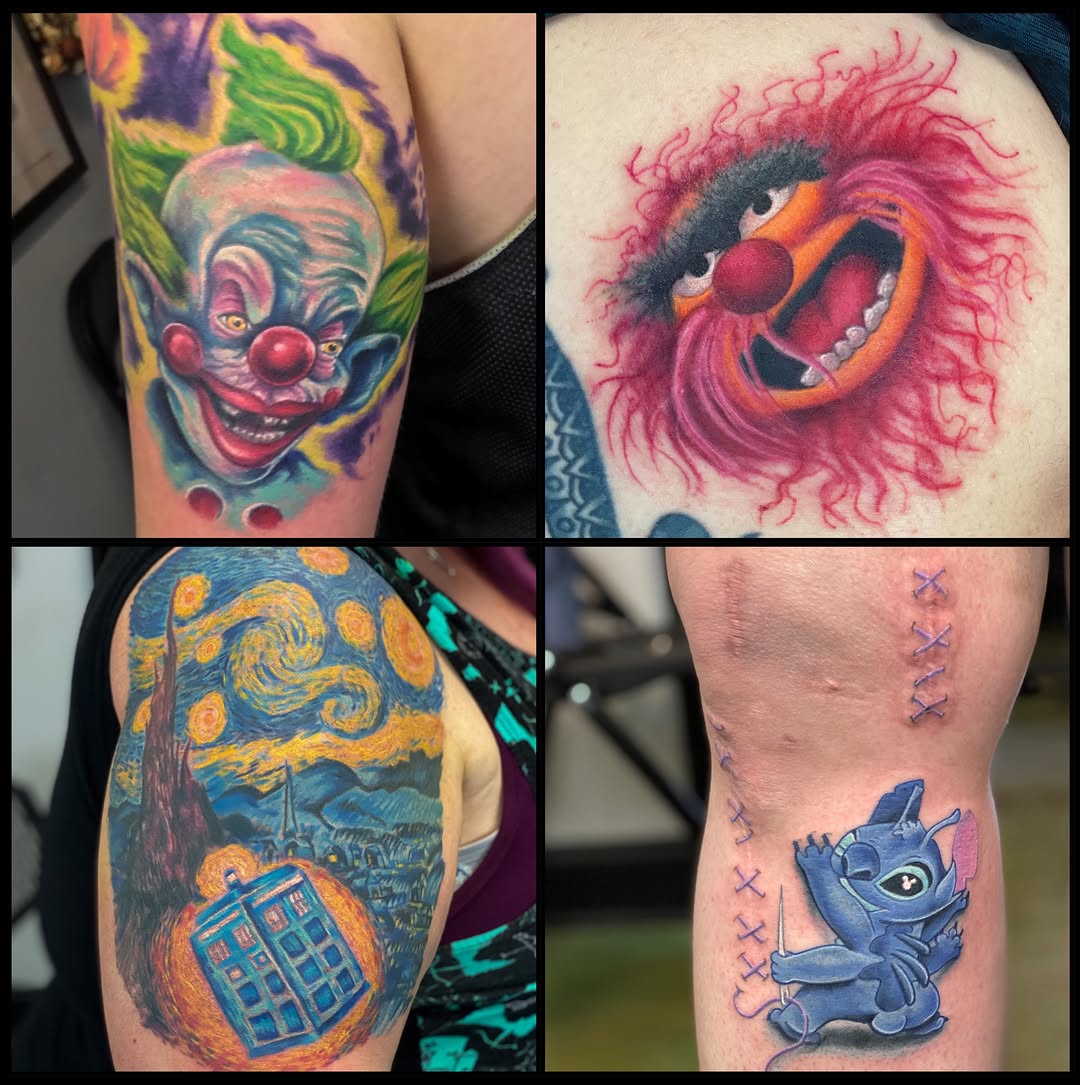 Clown realism tattoo on the upper arm by Loki Shane DeFriece