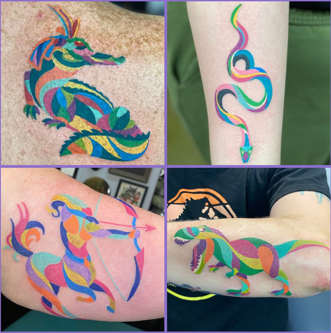 Dragon geometric tattoo on the upper arm by Loki Shane DeFriece