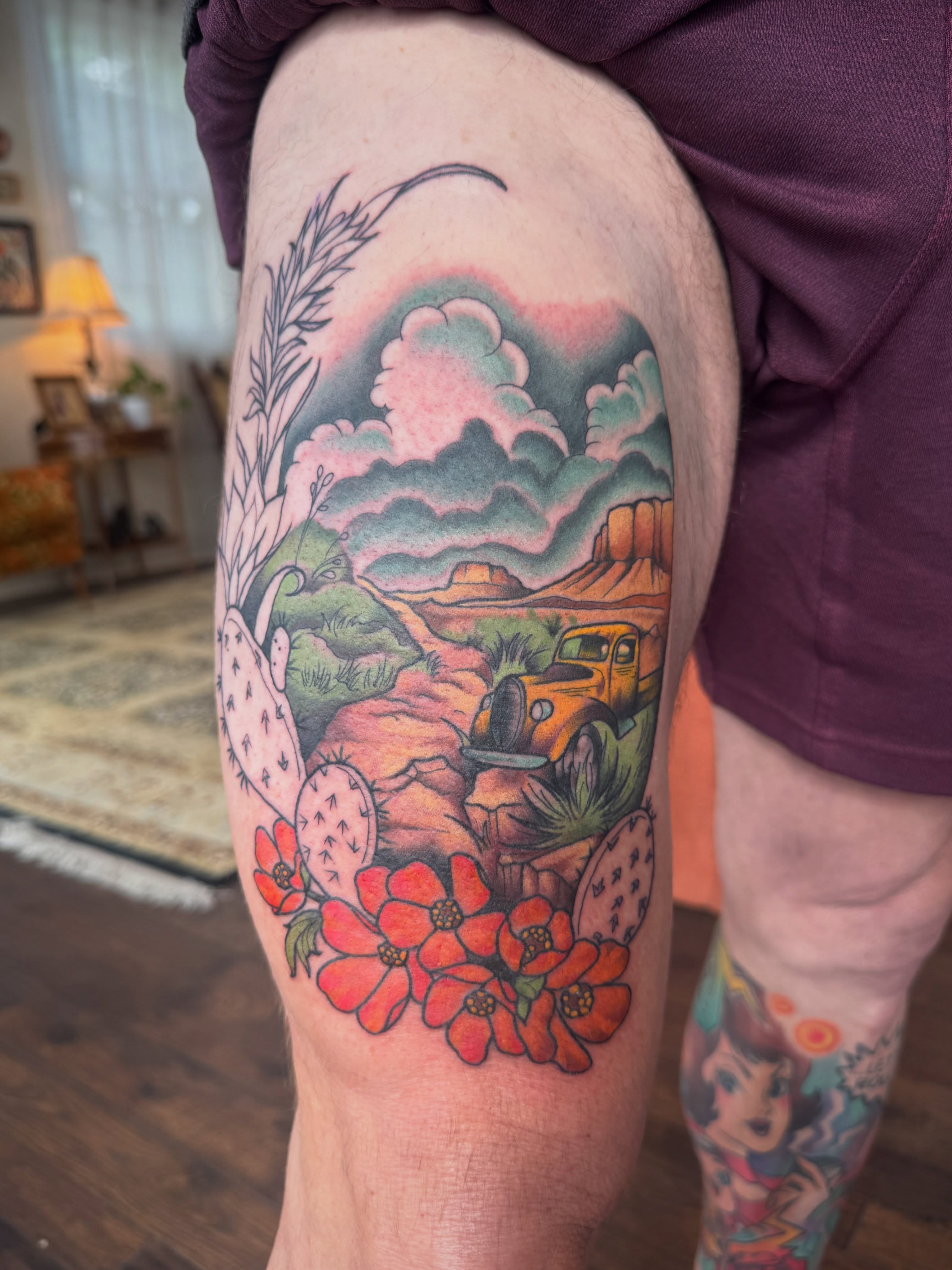 Desert landscape American traditional tattoo on the thigh by Alisa (Li) Affatato ๐ผ