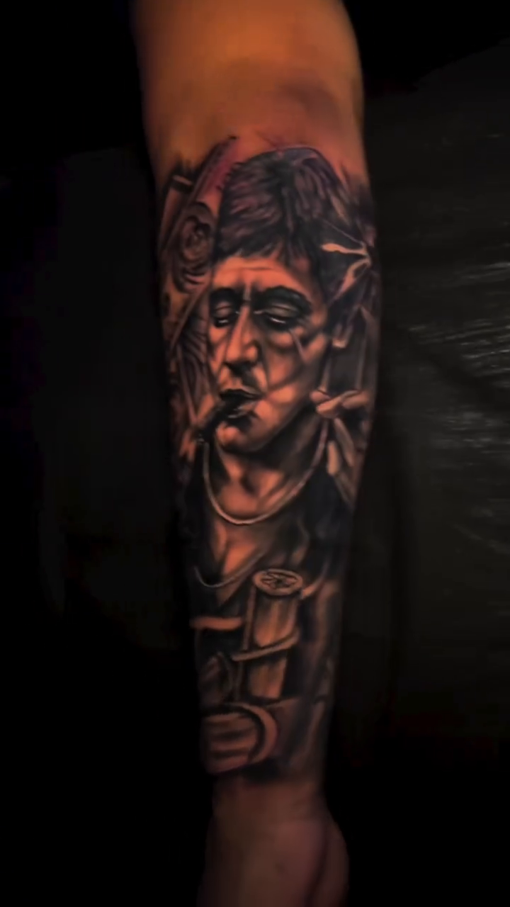 Scarface portrait with money realism tattoo by Lucky Lefty