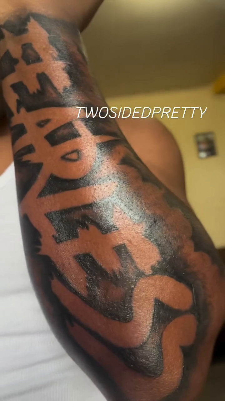Script lettering lettering tattoo on the forearm by @twosidedpretty