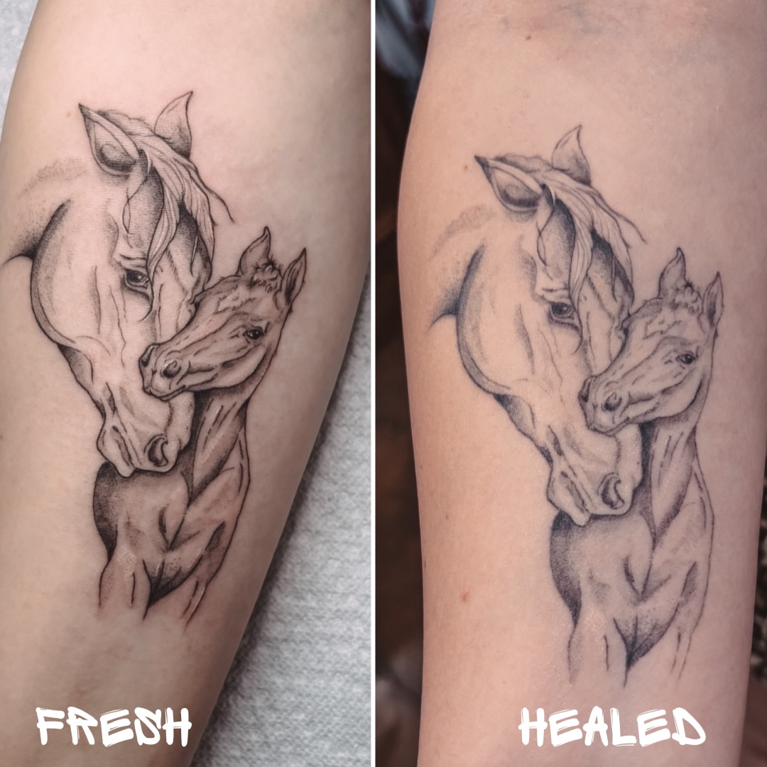 Horses realism tattoo on the forearm by Liz Cook