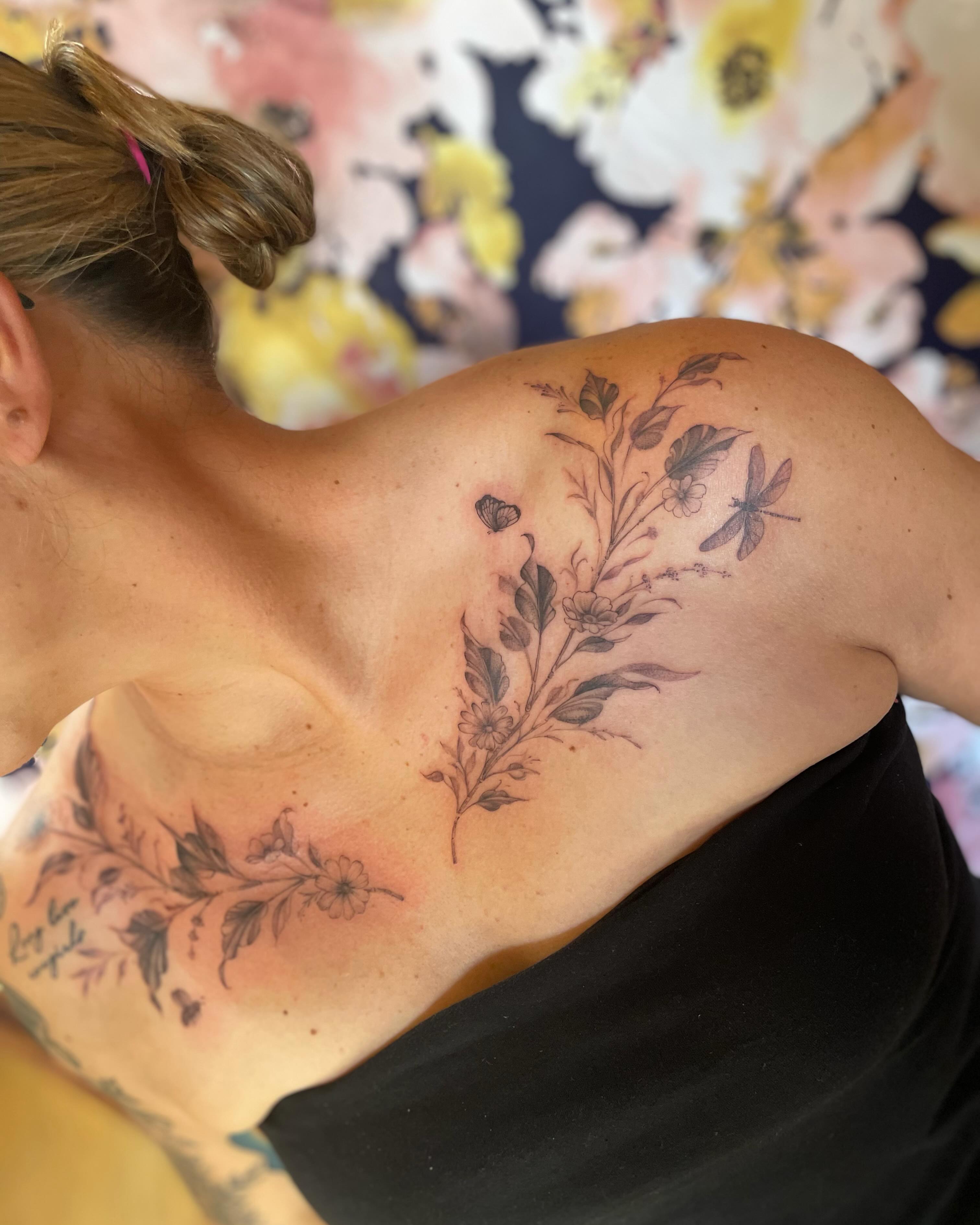 Floral arrangement black and grey tattoo on the shoulder by paige  l  ink shrink tattoo