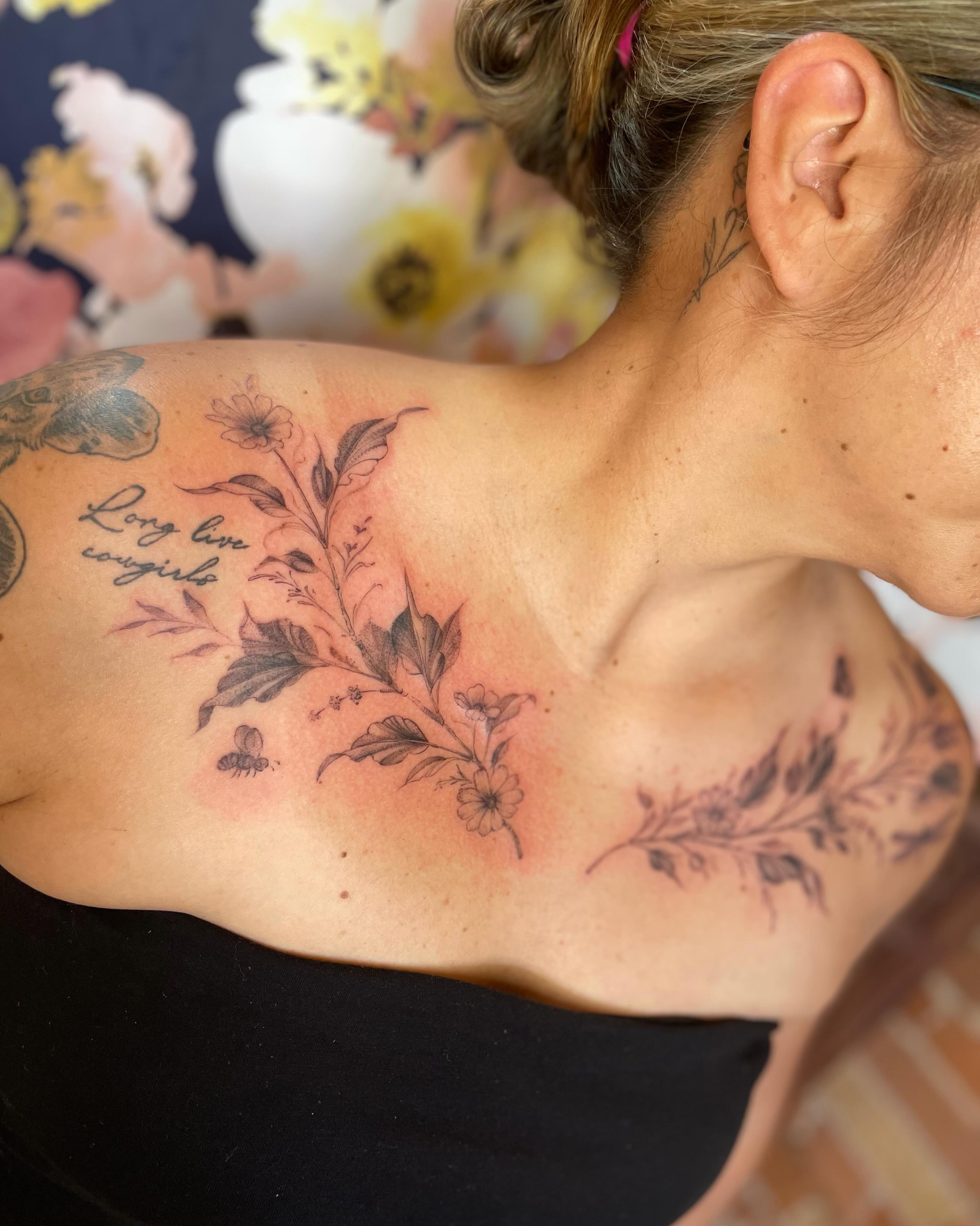 Floral arrangement black and grey tattoo on the shoulder by paige  l  ink shrink tattoo