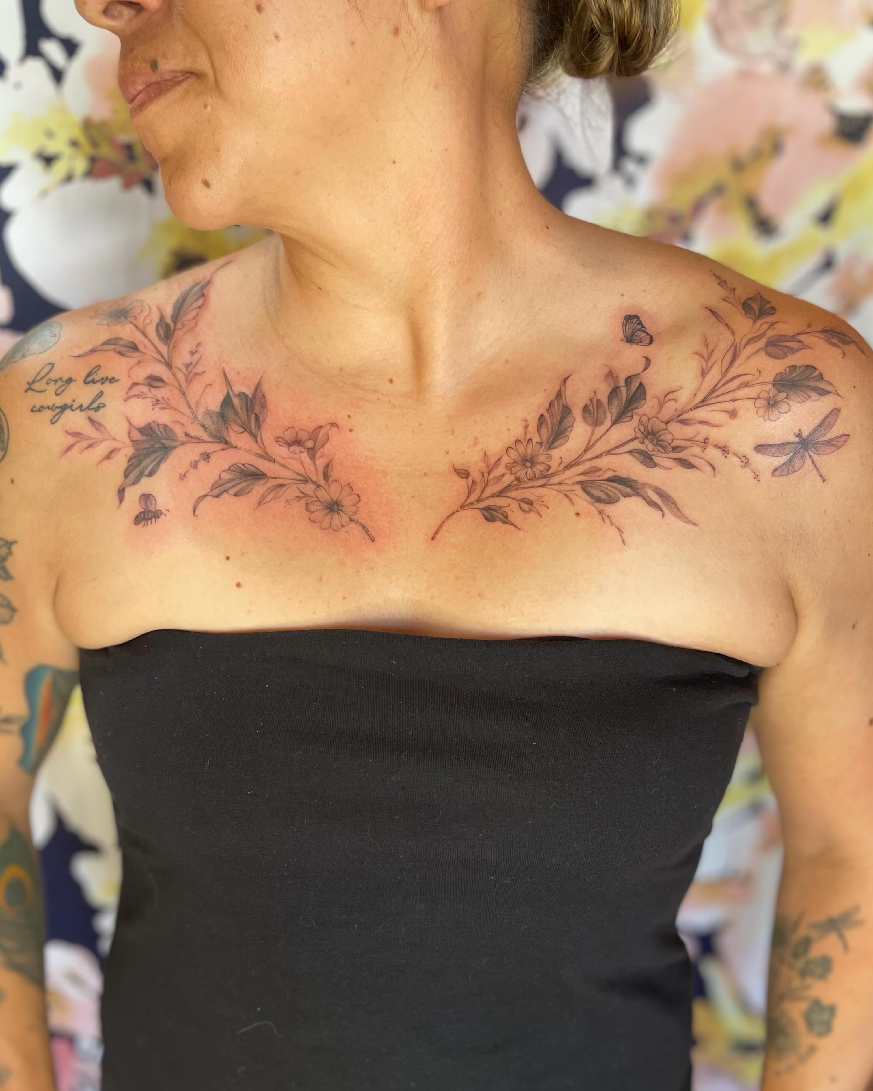 Floral arrangement black and grey tattoo on the chest by paige  l  ink shrink tattoo
