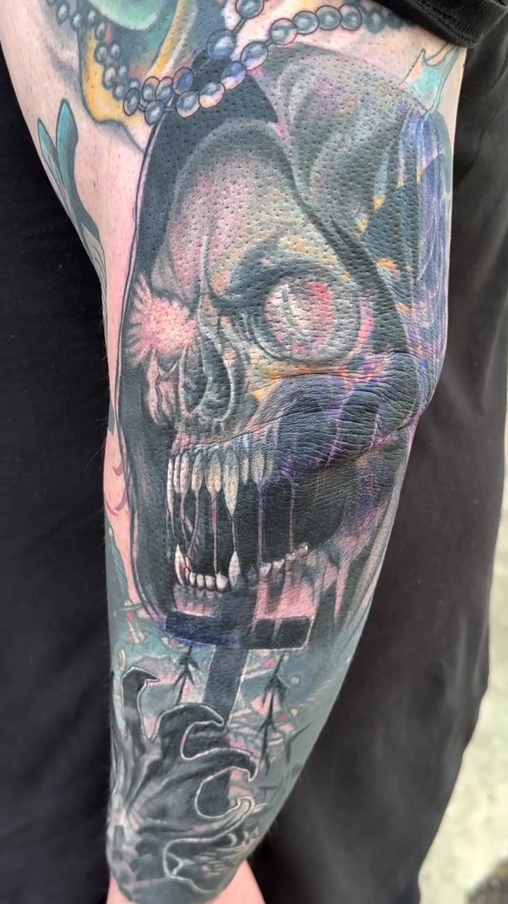 Grim reaper skull sleeve realism tattoo on the forearm by Kimberly Parton- Chapel Hill Tattooer, Chapel Hill, North Carolina