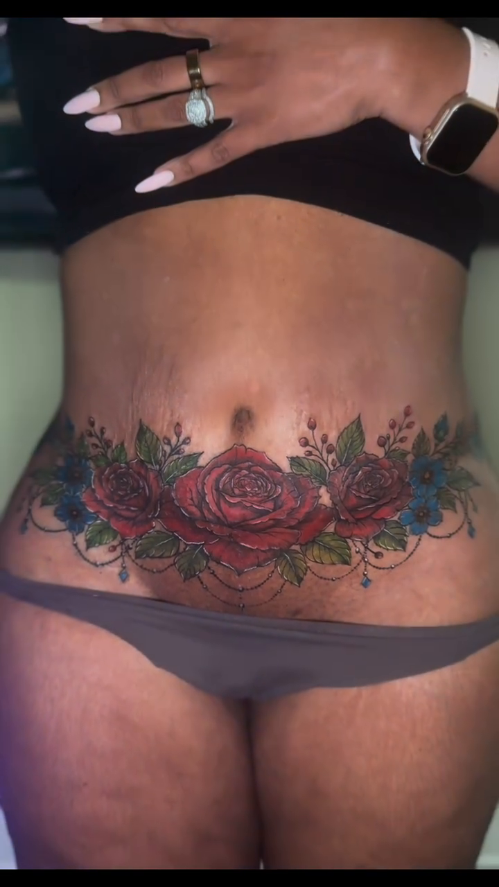 Neo-traditional tattoo on the torso by InkedByJide Tattoo, Atlanta, Georgia