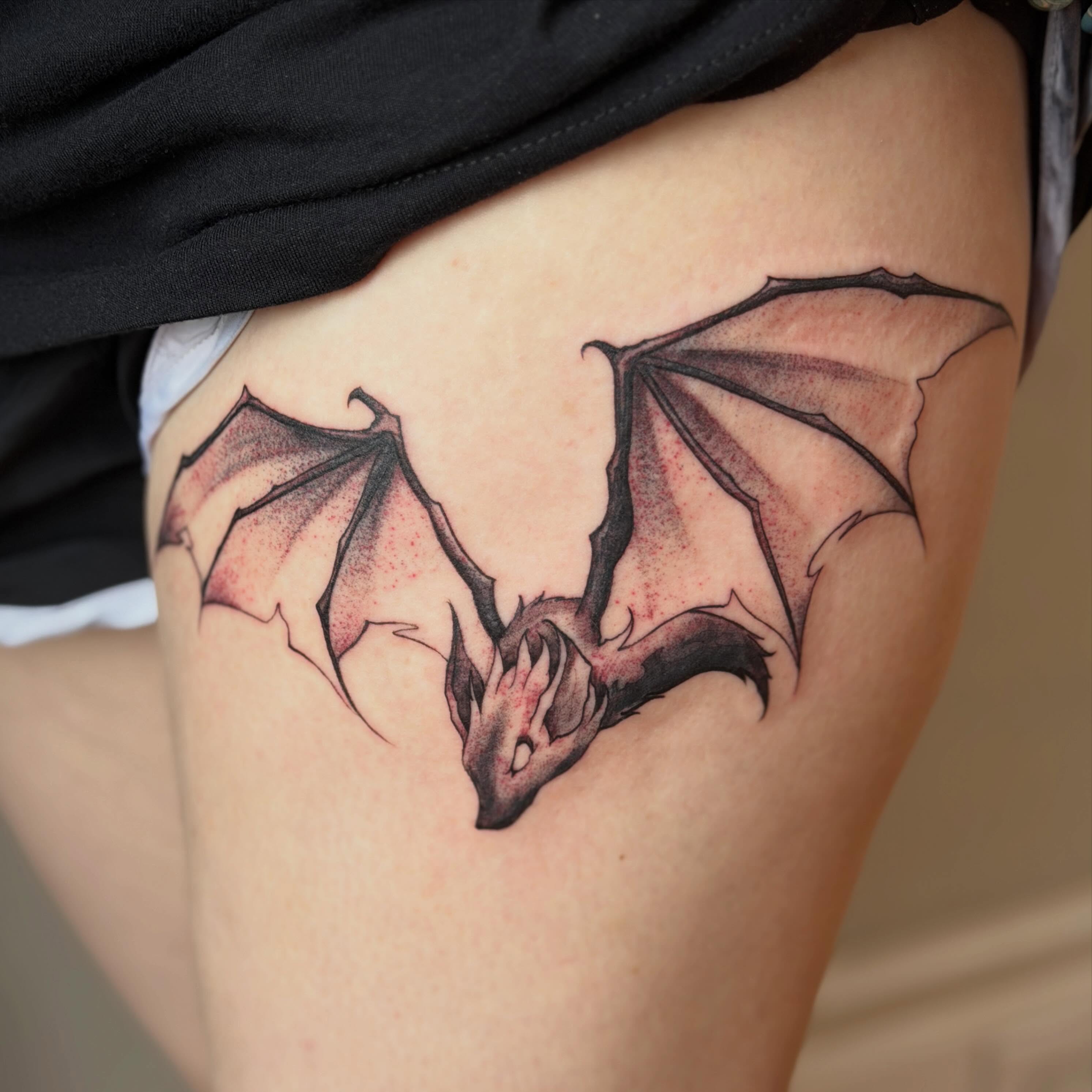 Bat realism tattoo on the thigh by Raul Najera Tattoo, Plano, Texas