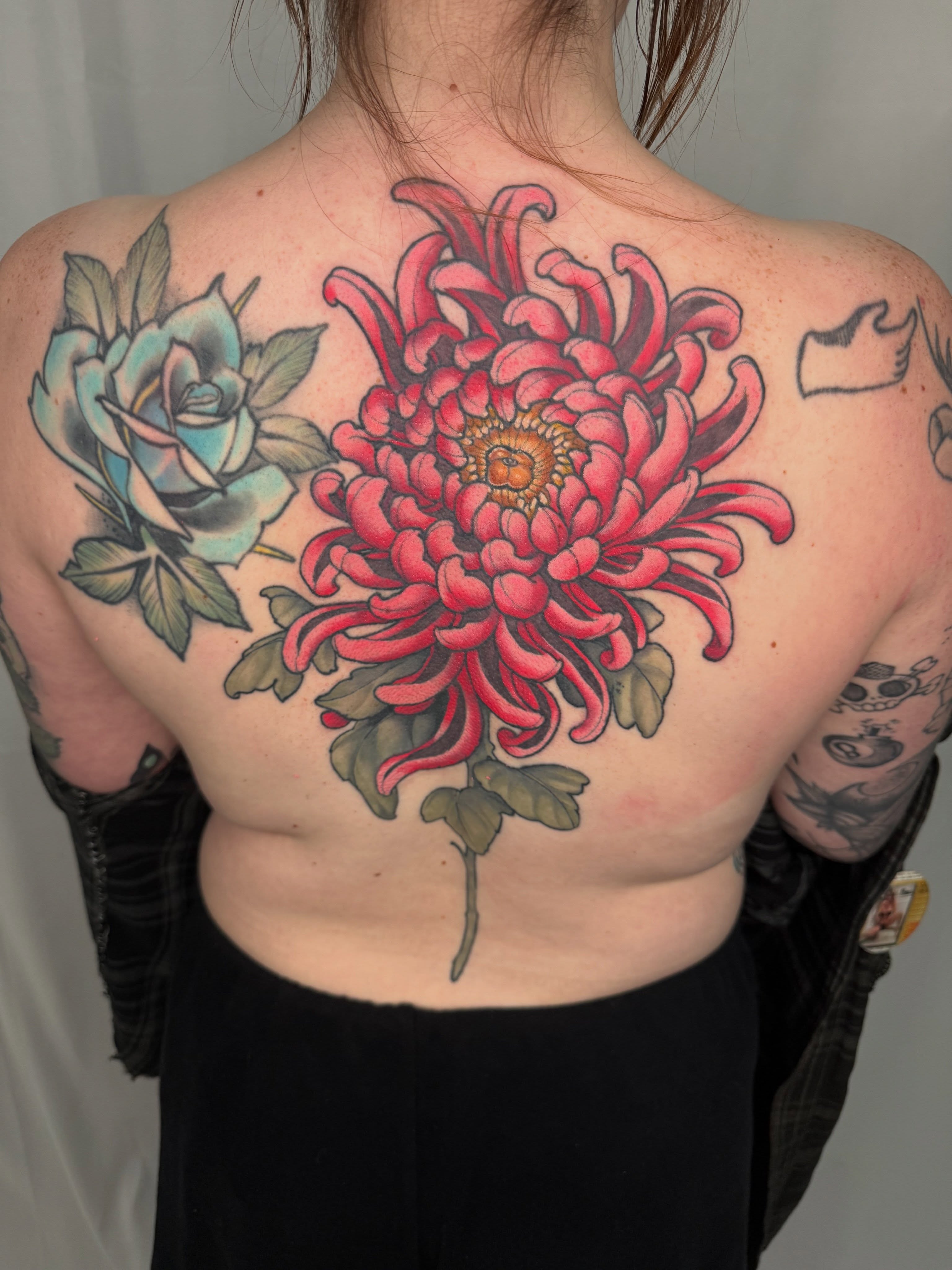 Chrysanthemum American traditional tattoo on the back by β«οΈπ―πππππ - Ohio Tattoo Artist β«οΈ