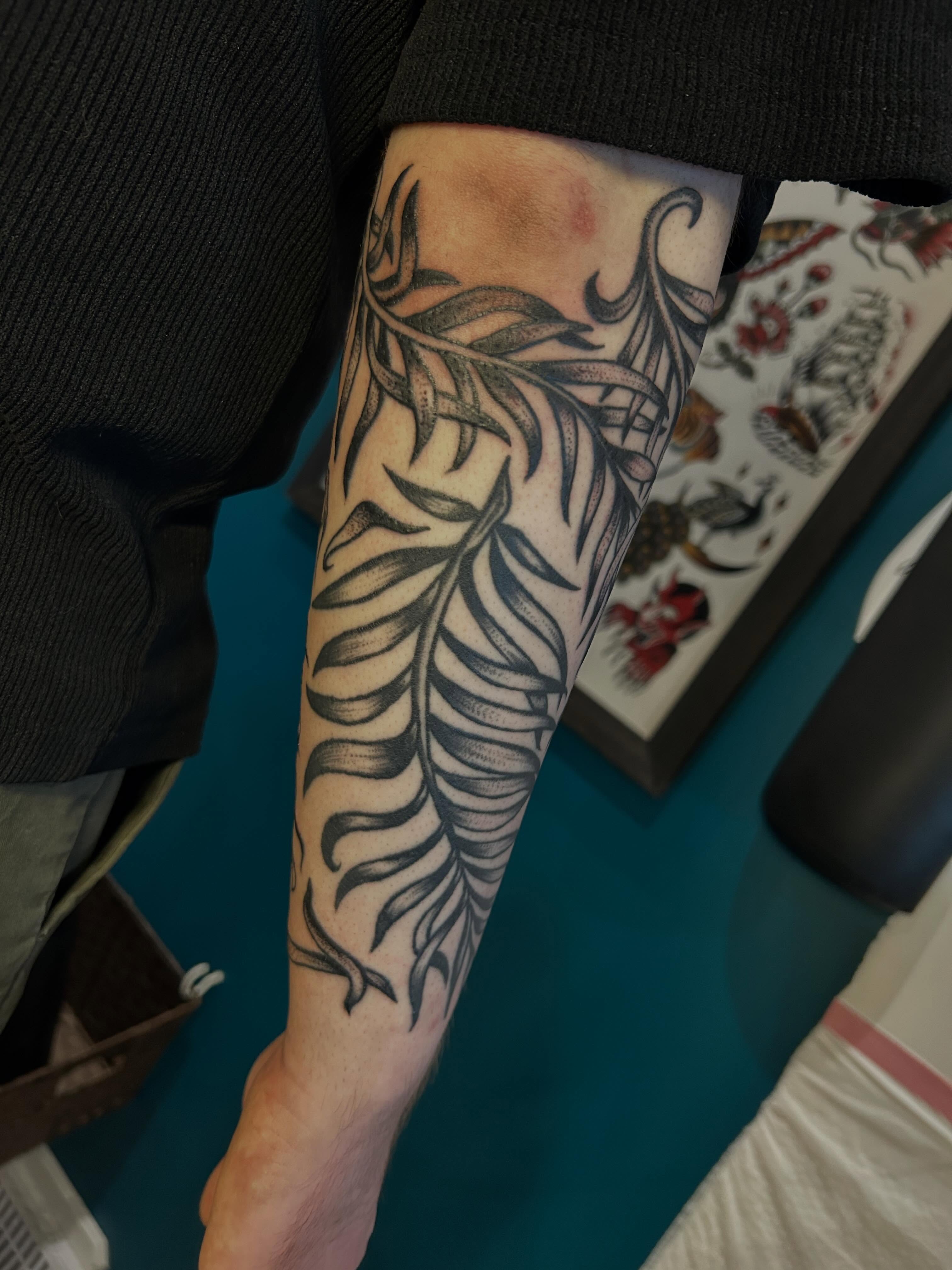 Fern leaf dotwork tattoo on the forearm by Morgan Mansfield