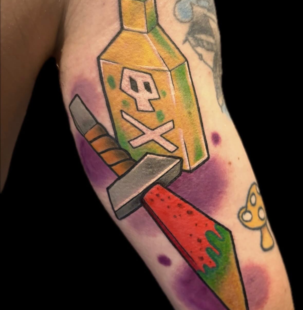 Sword and potion bottle new school tattoo on the forearm by Megan