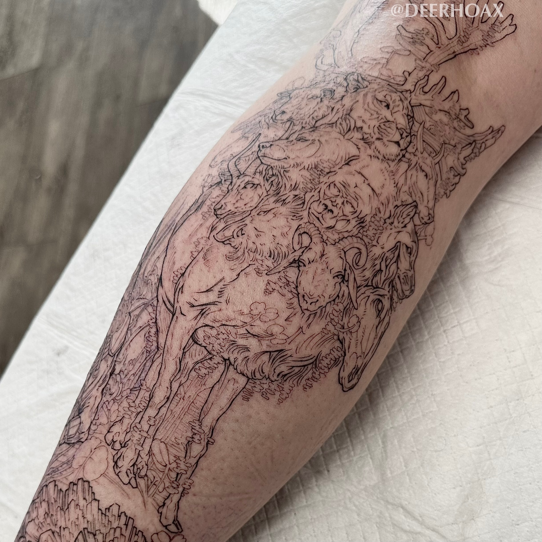 Deer and forest black and grey tattoo on the forearm by Mary "Baby Hands" Kulvete