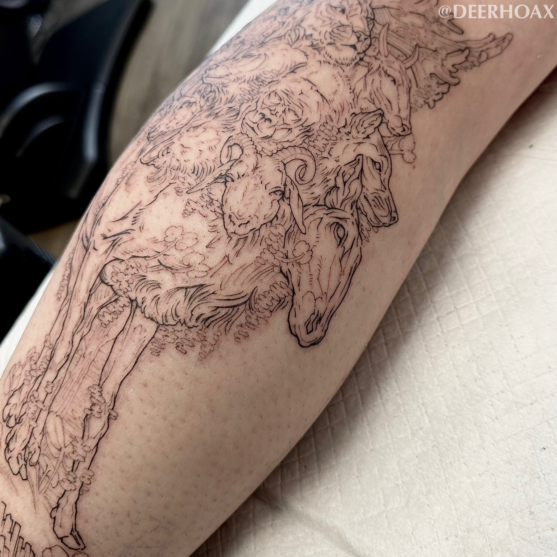 Goats and trees black and grey tattoo on the forearm by Mary "Baby Hands" Kulvete