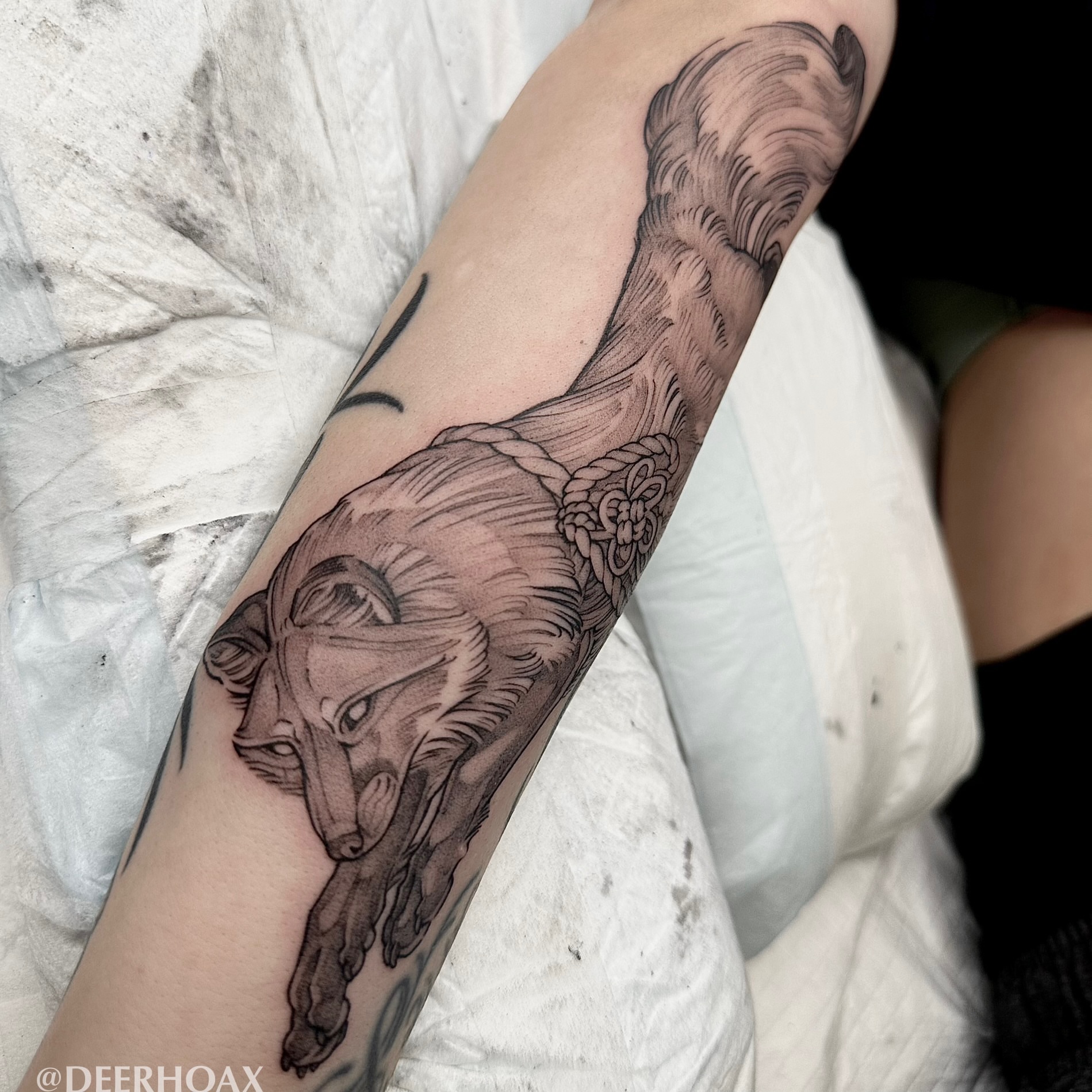 Fox black and grey tattoo on the forearm by Mary "Baby Hands" Kulvete