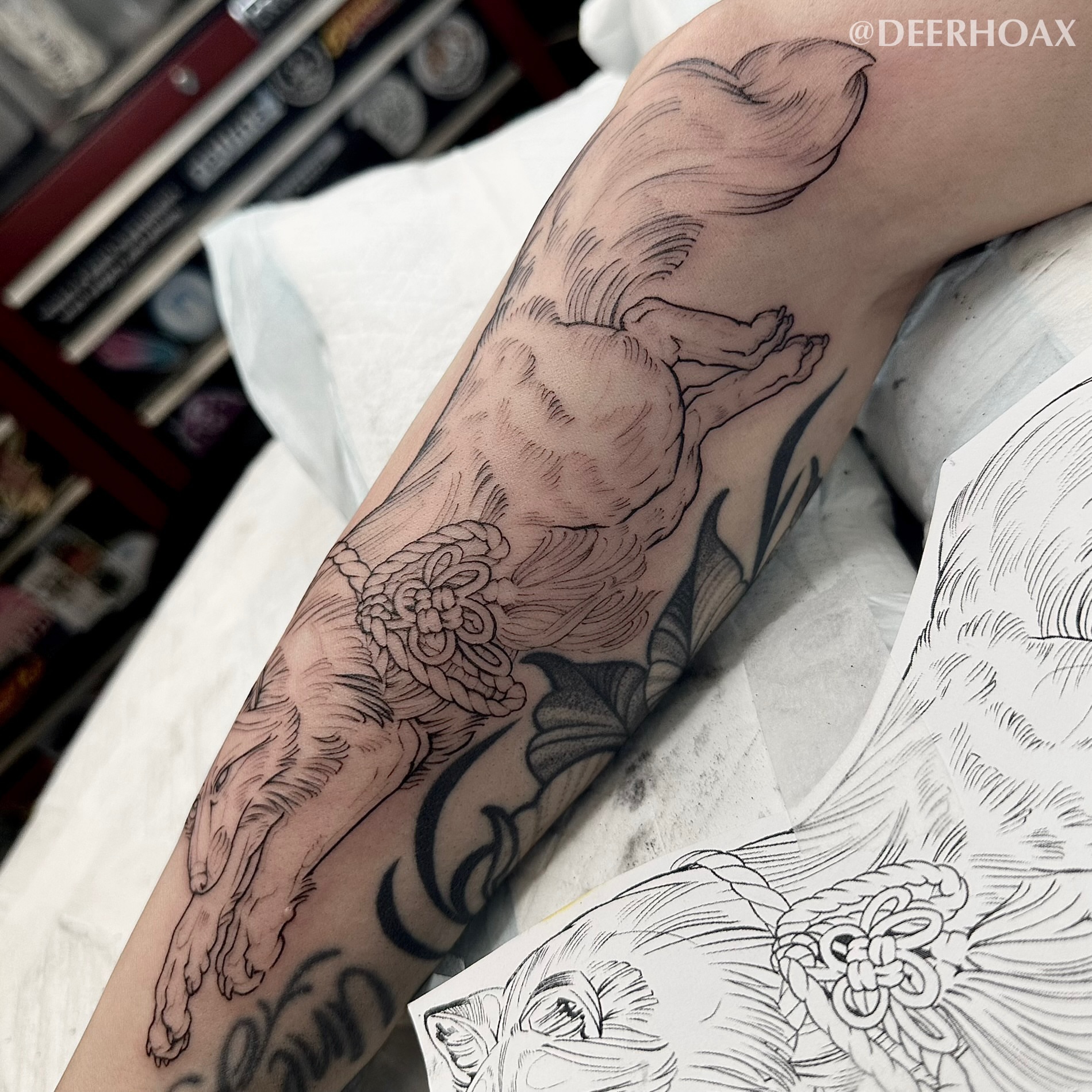 Fox and floral black and grey tattoo on the forearm by Mary "Baby Hands" Kulvete