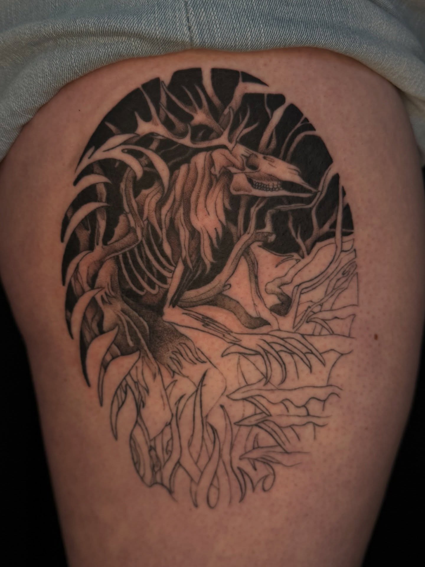 Deer black and grey tattoo on the thigh by Kait