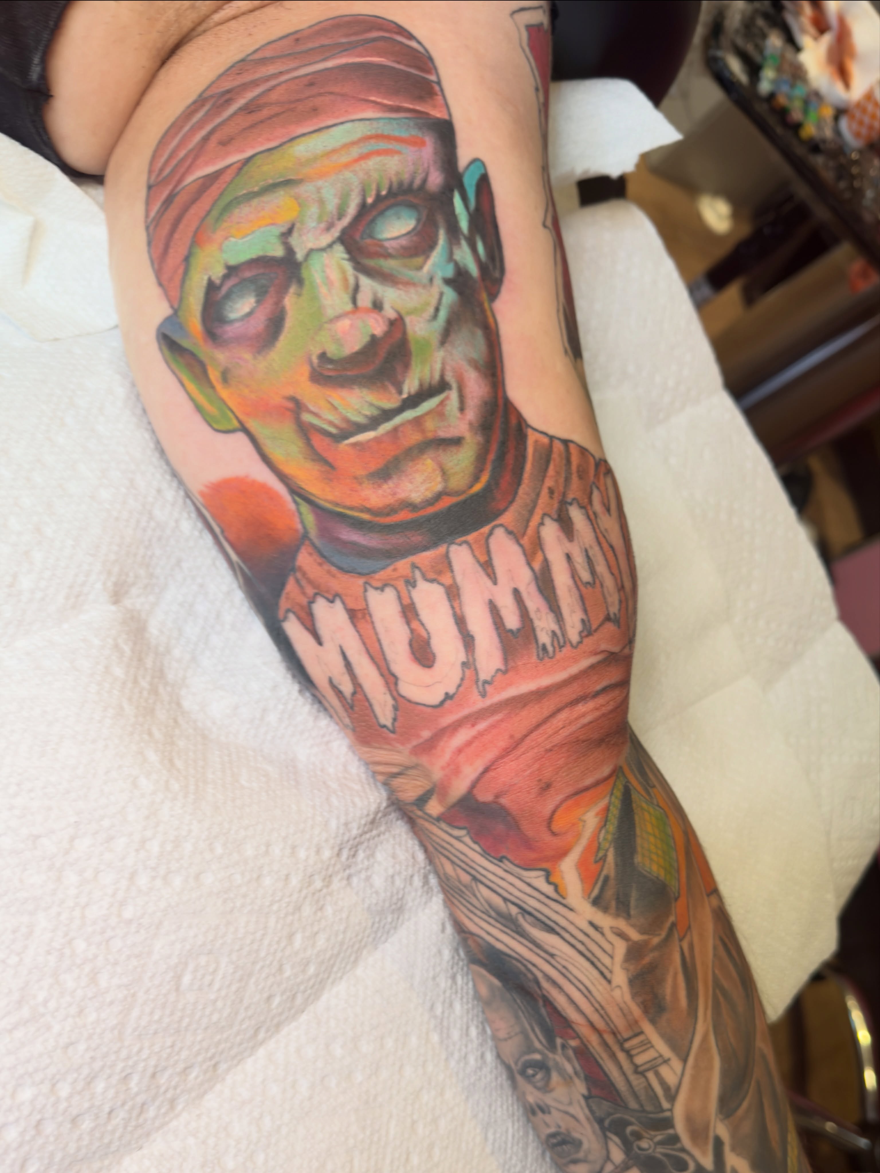 Mummy realism tattoo on the forearm by Jenn Golgan