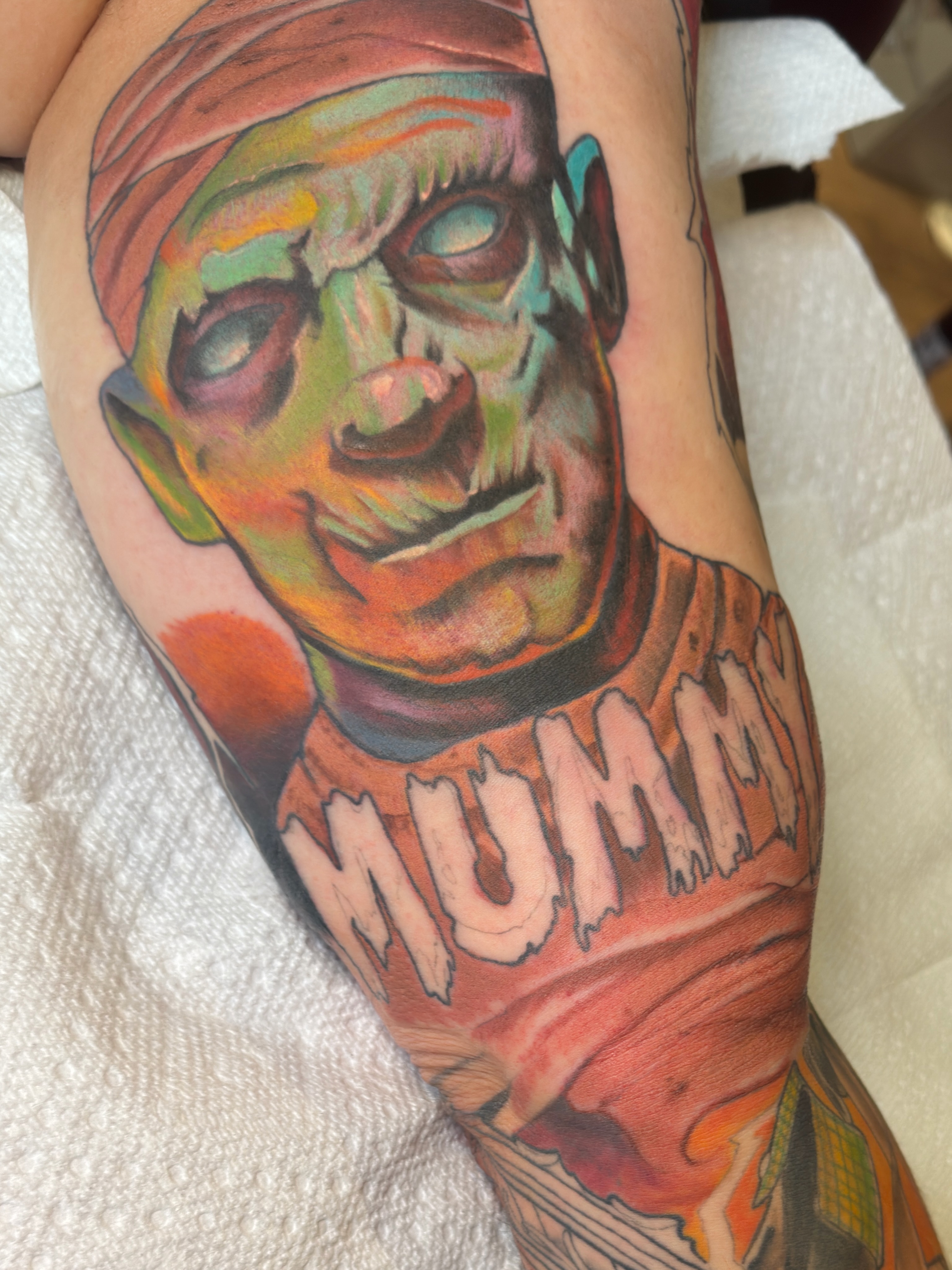 Mummy realism tattoo on the forearm by Jenn Golgan