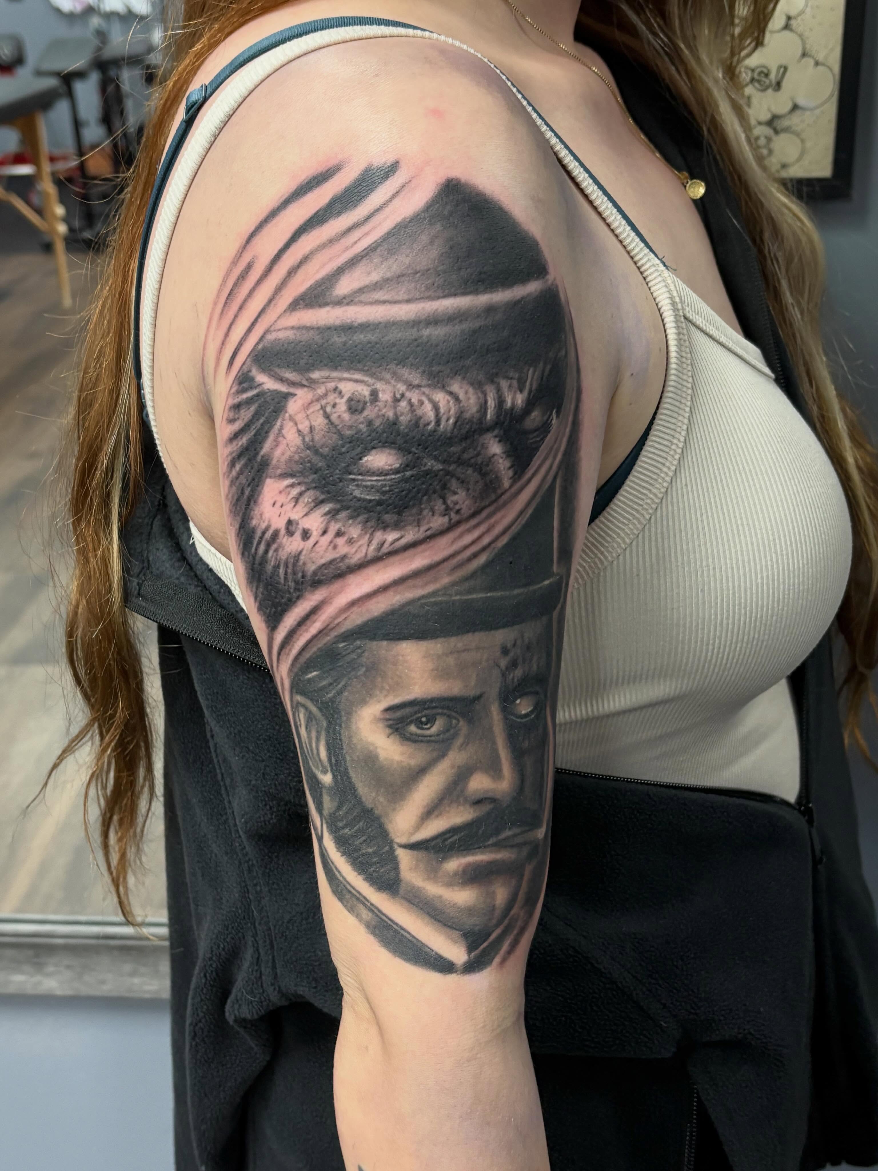 Man with turban realism tattoo on the shoulder by Jack Ferreri