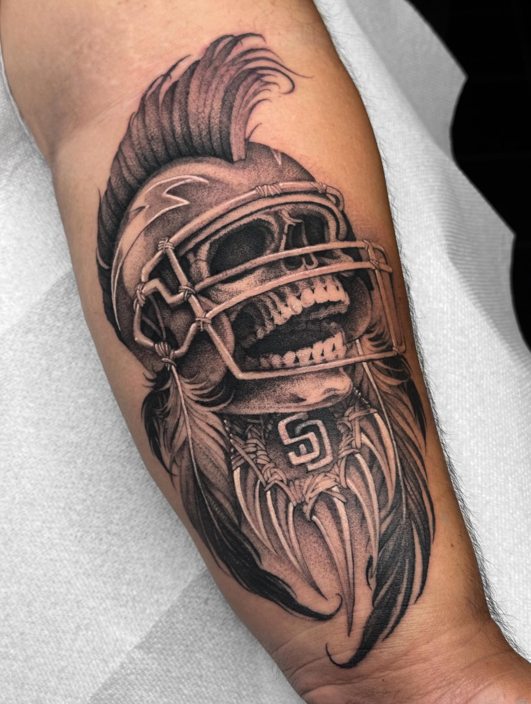 Football helmet skull realism tattoo on the forearm by ☠︎ Mikayla Benson  ☠︎