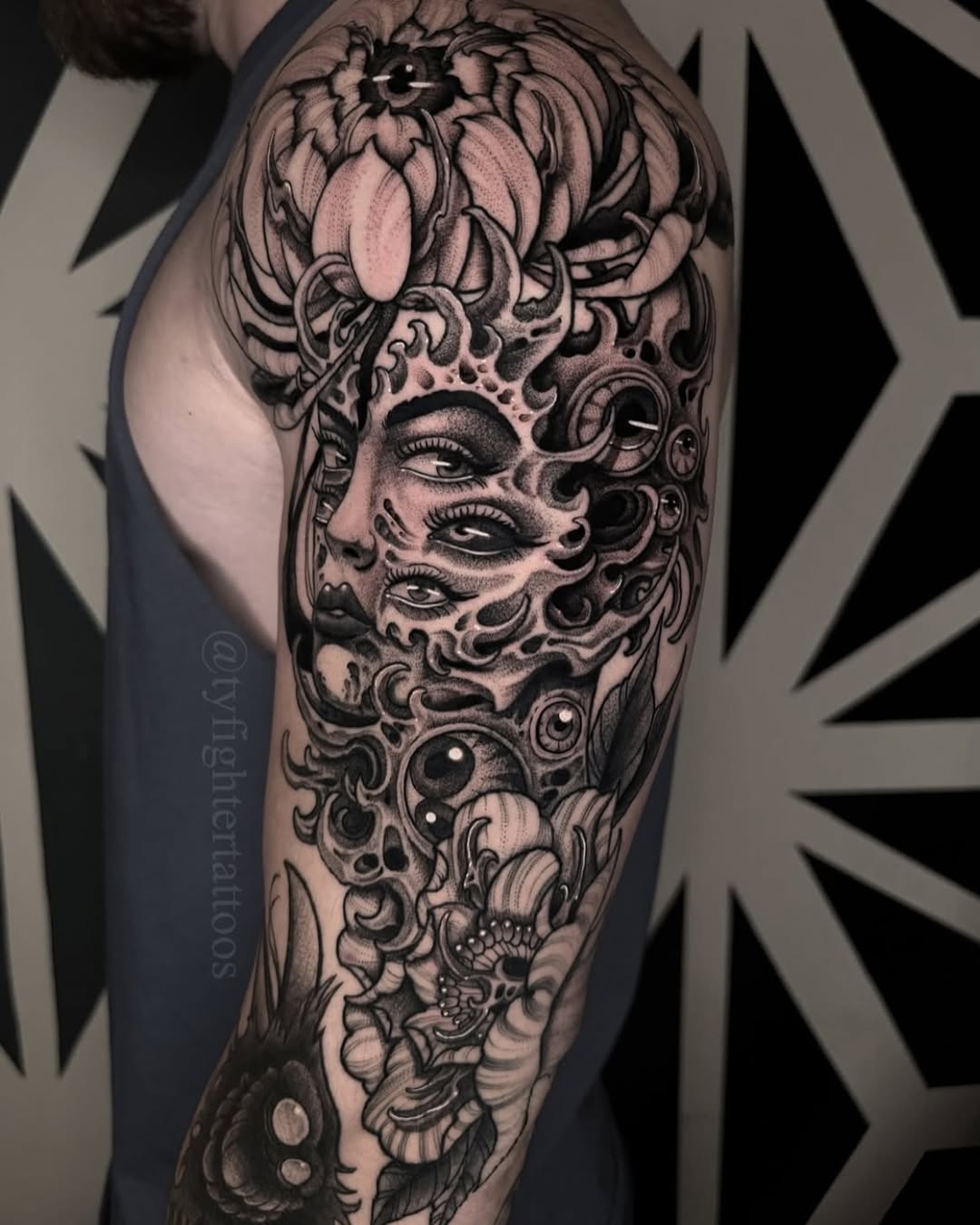 Tattoo by @tyfightertattoos — black_and_grey, dark_realism
