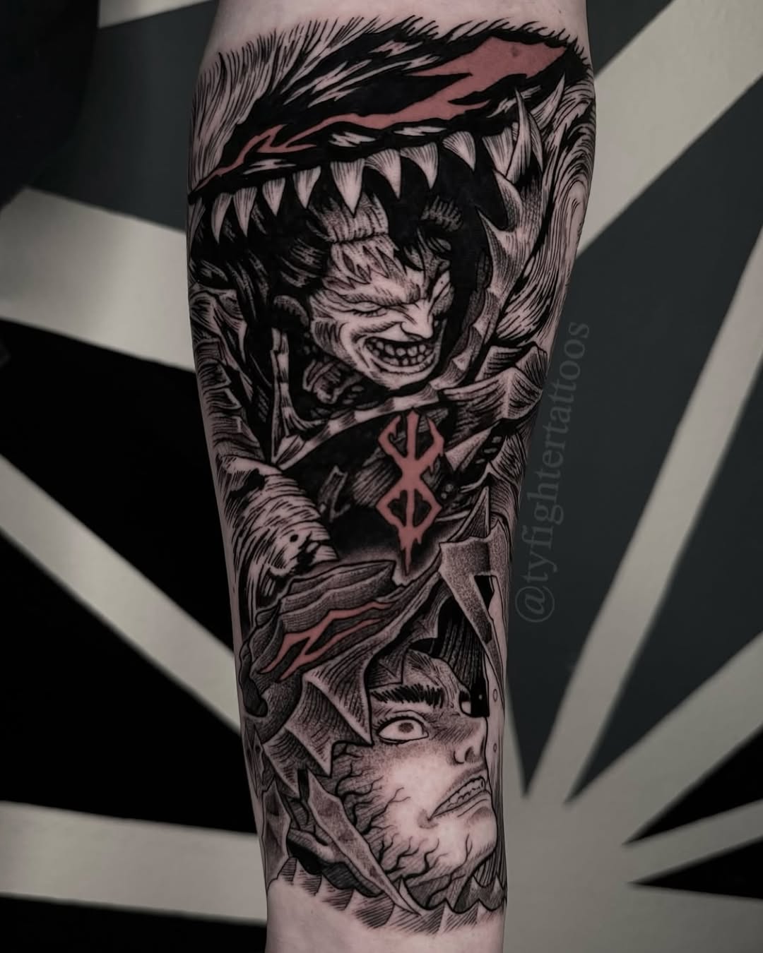 Tattoo by @tyfightertattoos — anime, black_and_grey