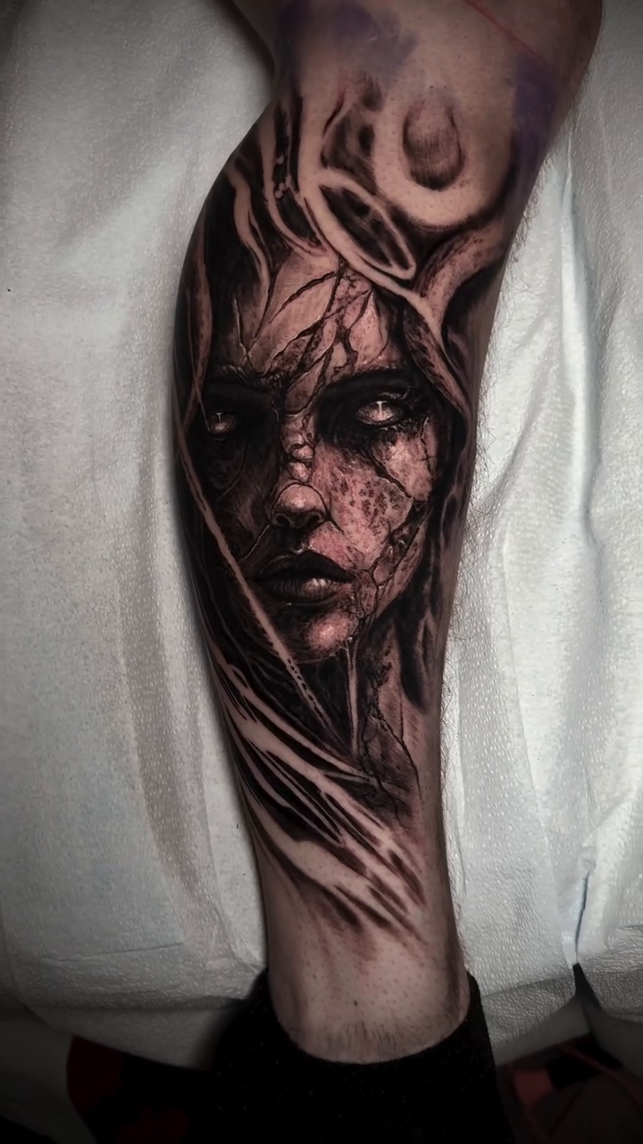 Tattoo by @coryjamestattoo — dark_realism, black_and_grey