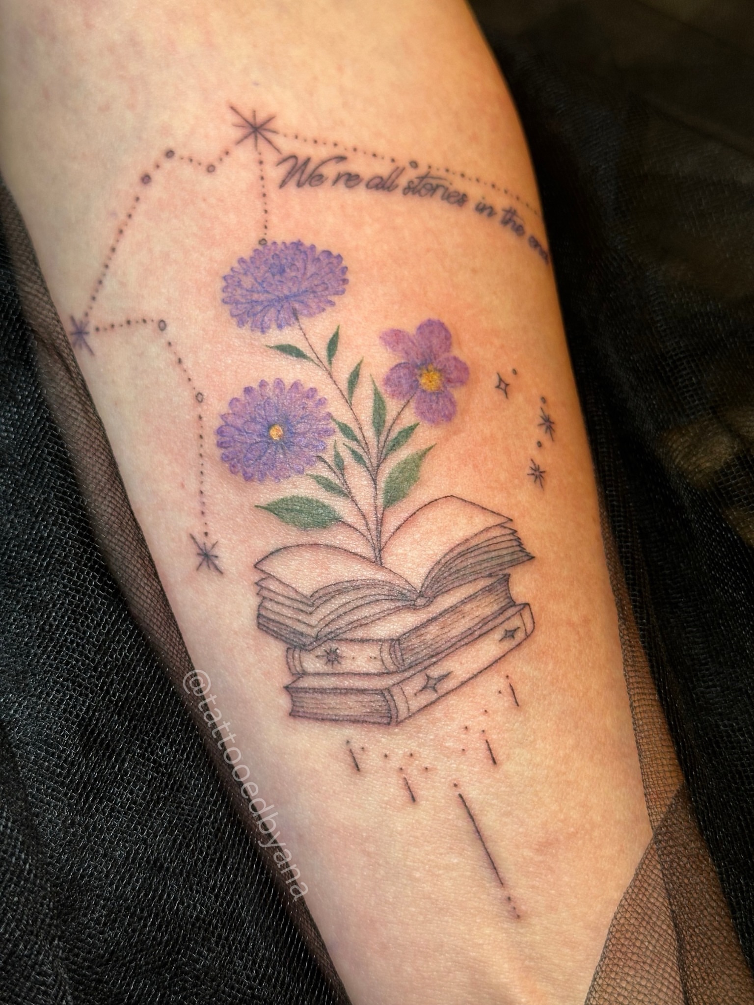 Book and flowers dotwork tattoo on the forearm by Tattoo artist Denver