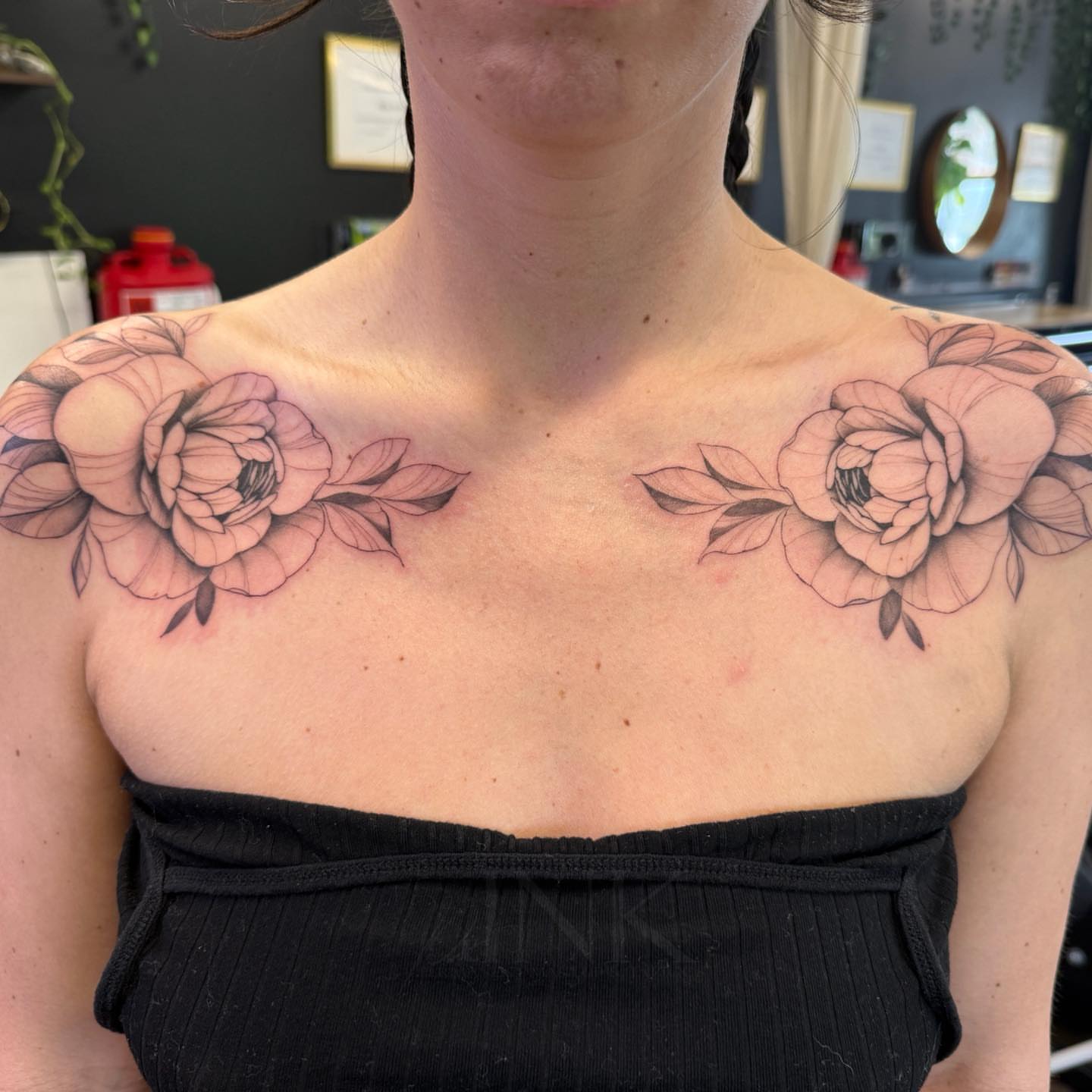 Roses black and grey tattoo on the chest by PxINK, Crystal, Minnesota