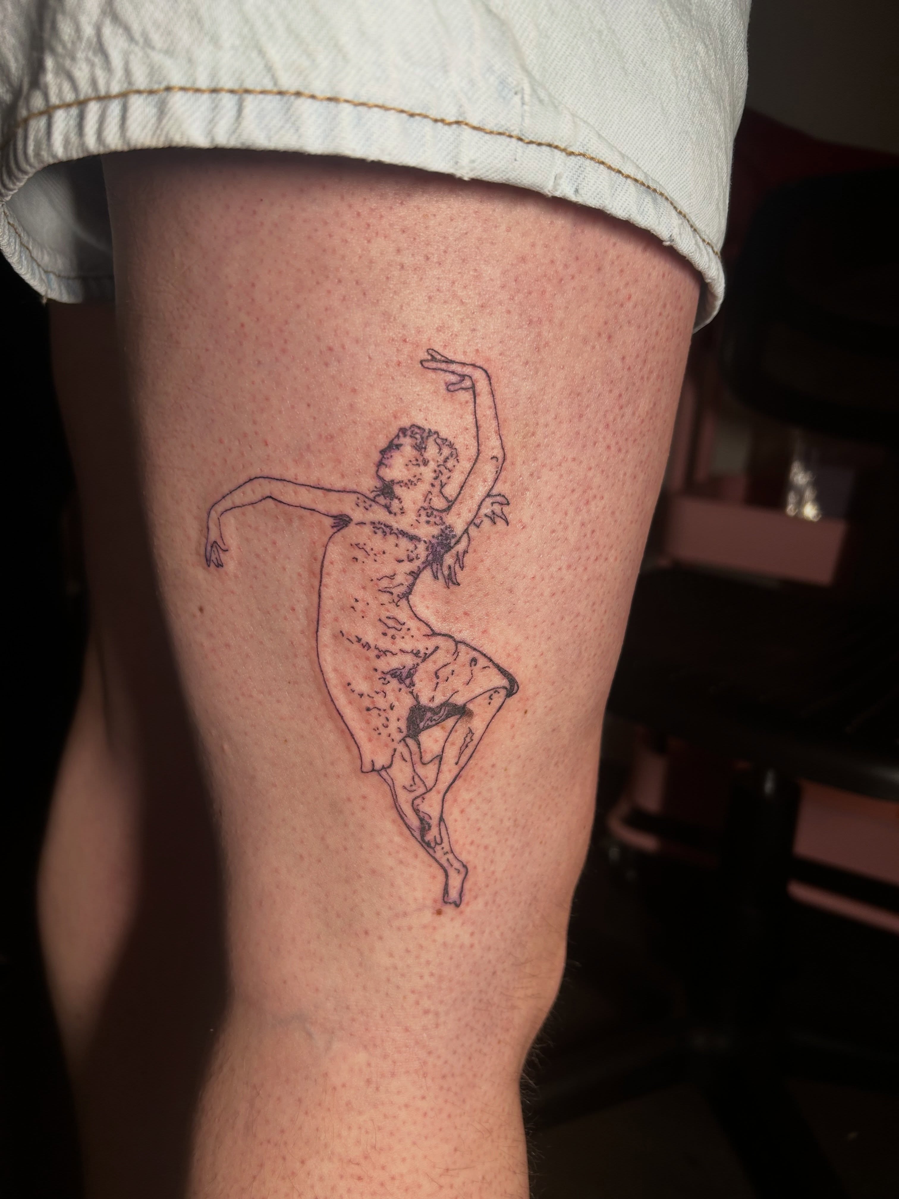 Dancer dotwork tattoo on the thigh by Mattie Robinson