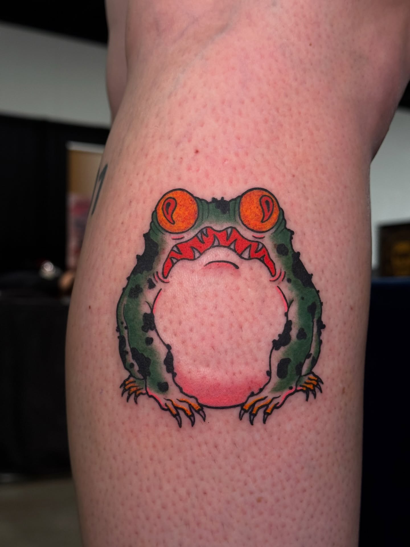 Frog dotwork tattoo on the thigh by Matthew - Tattoo Artist