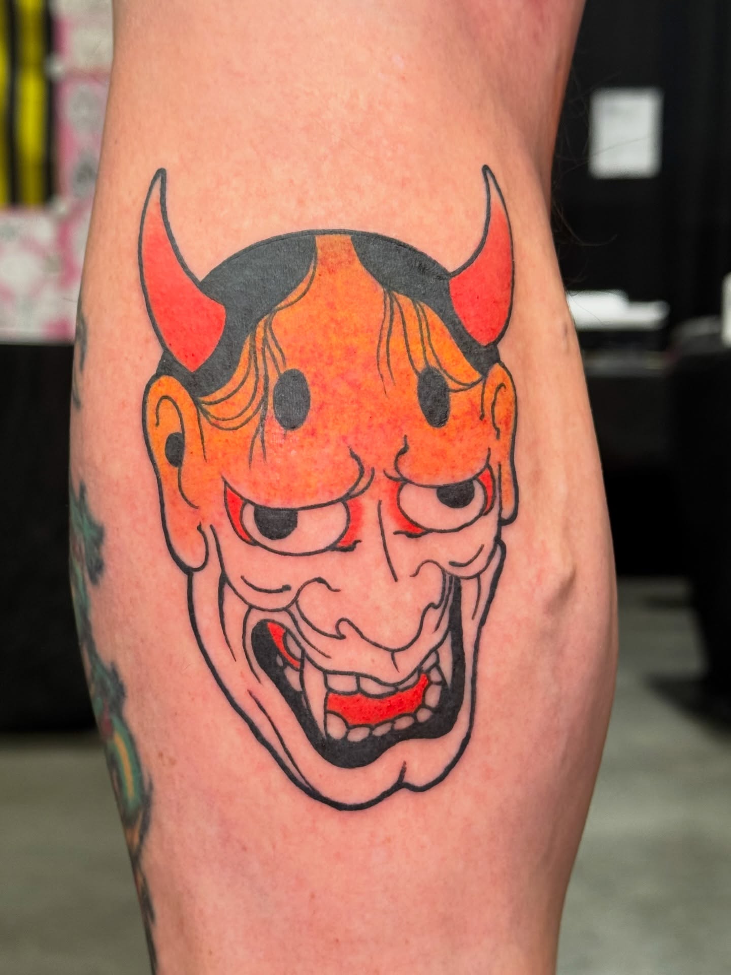 Demon mask American traditional tattoo on the forearm by Matthew - Tattoo Artist