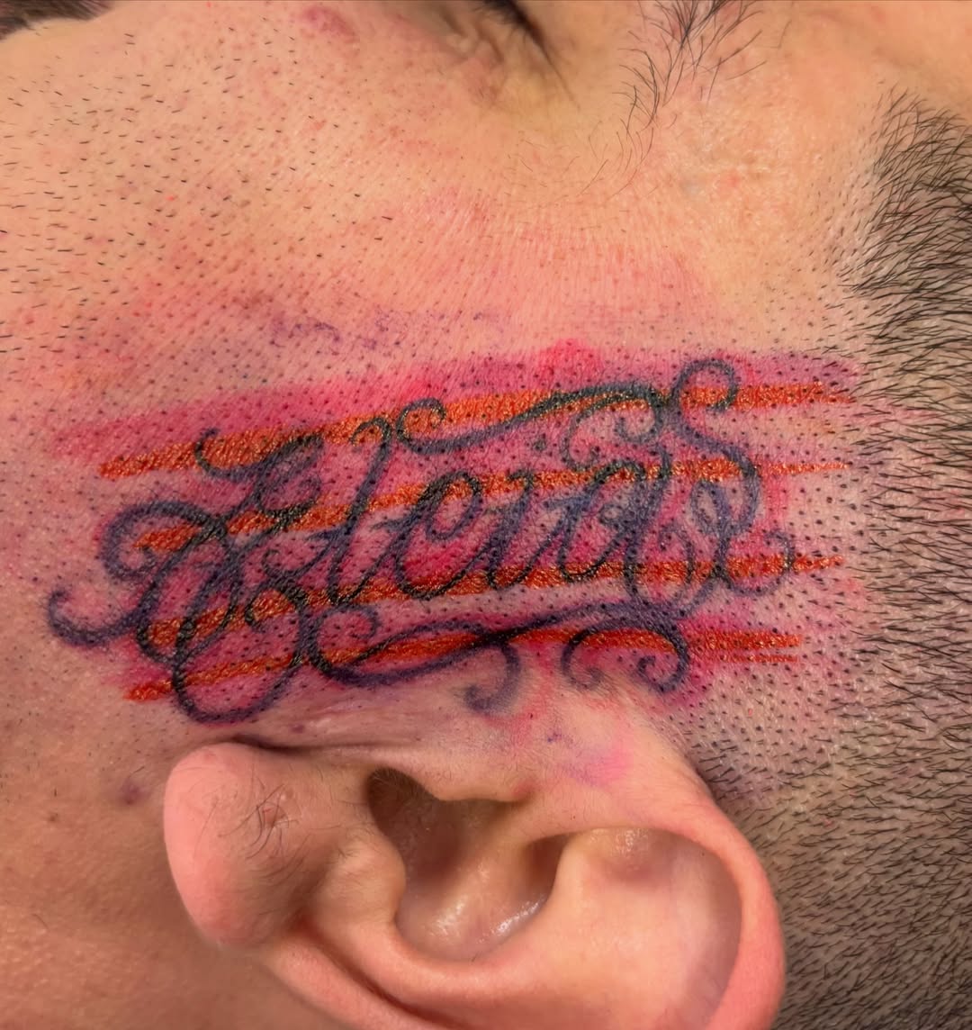Script lettering lettering script tattoo on the neck by Cristiano Ochoa, Elk Grove, California