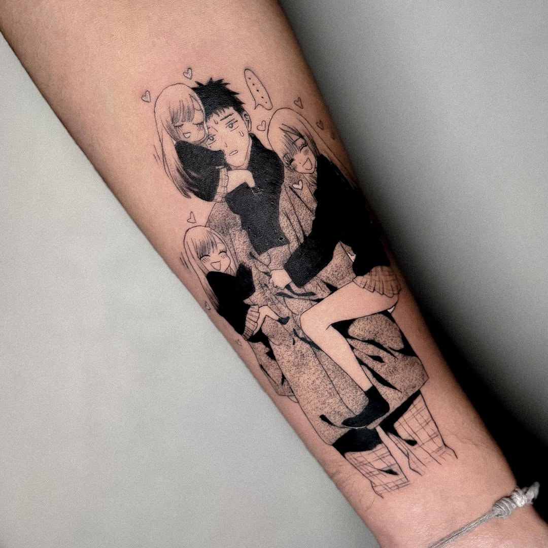 Tattoo by @jojotattooo — anime, black_and_grey
