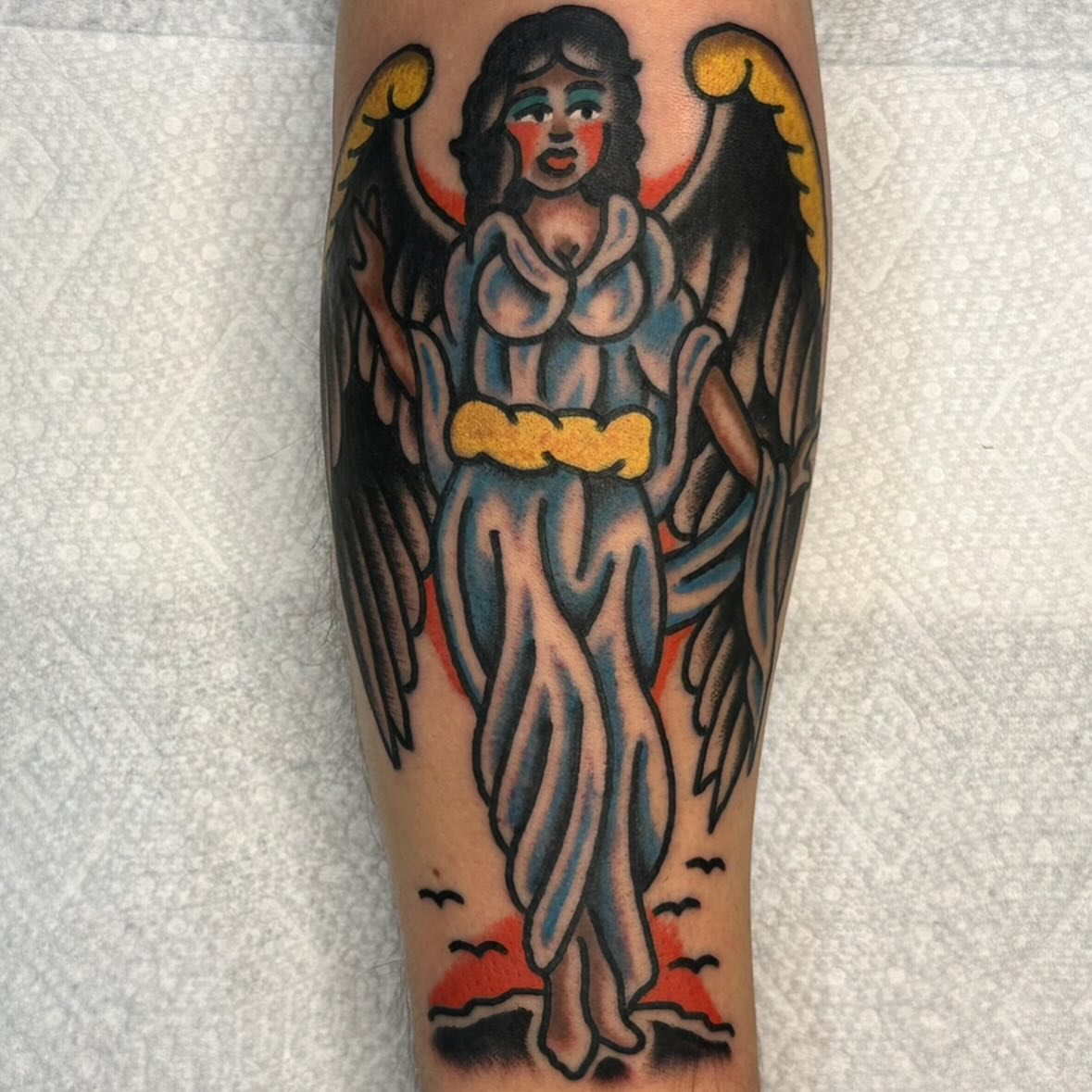 Angel American traditional tattoo on the forearm by Rob, Nashville, Tennessee
