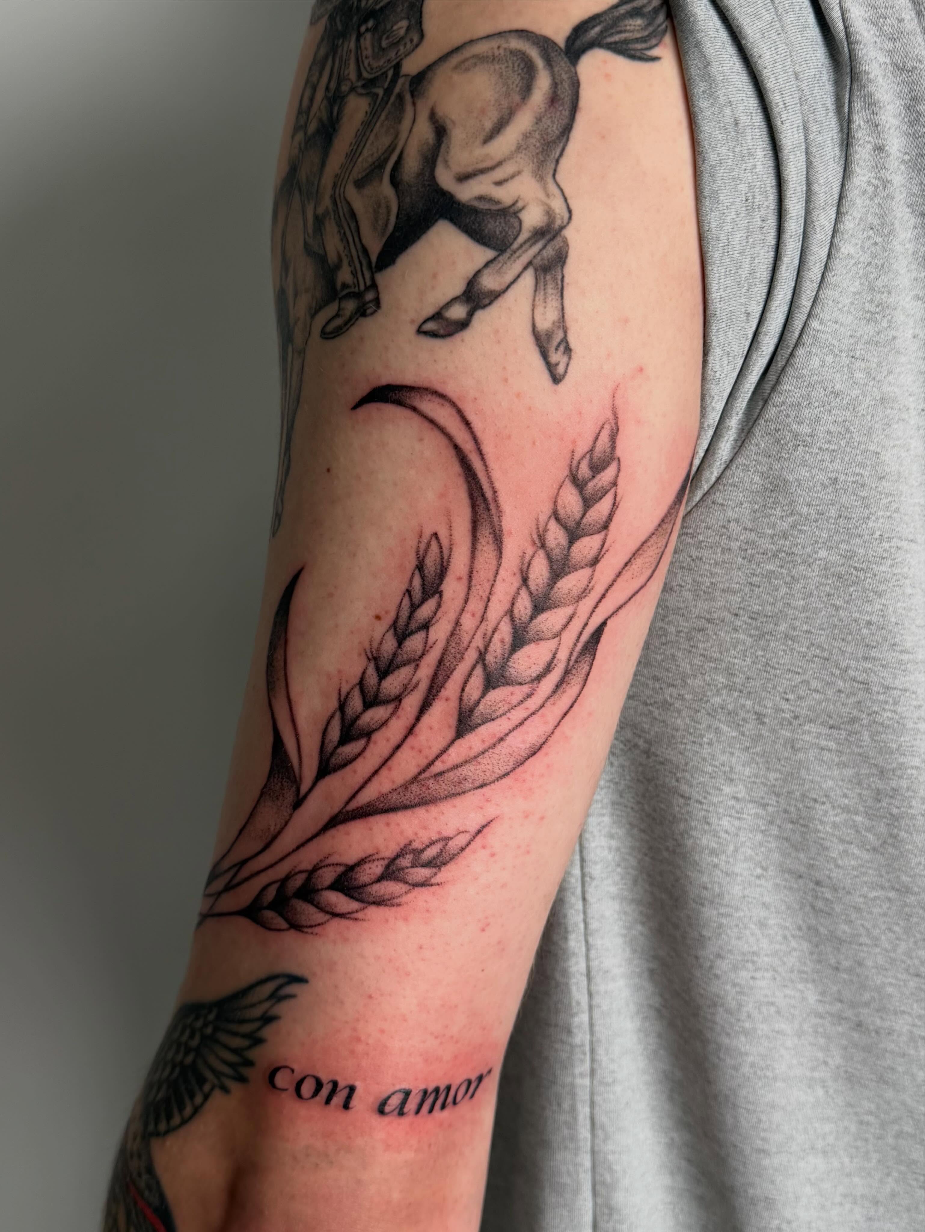 Wheat sheaf and unicorn black and grey tattoo on the forearm by Bailee